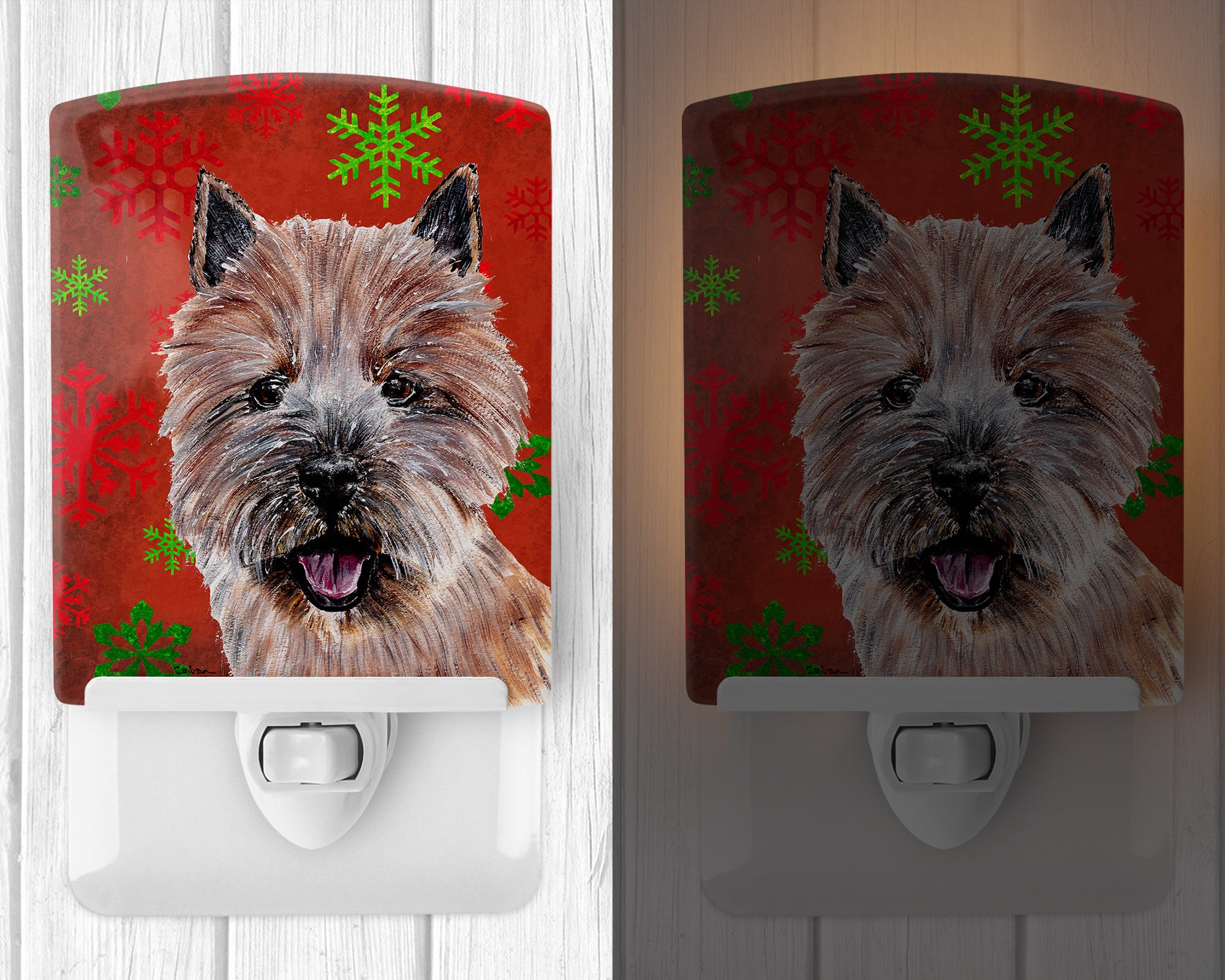 Norwich Terrier Red Snowflakes Holiday Ceramic Night Light SC9758CNL - the-store.com