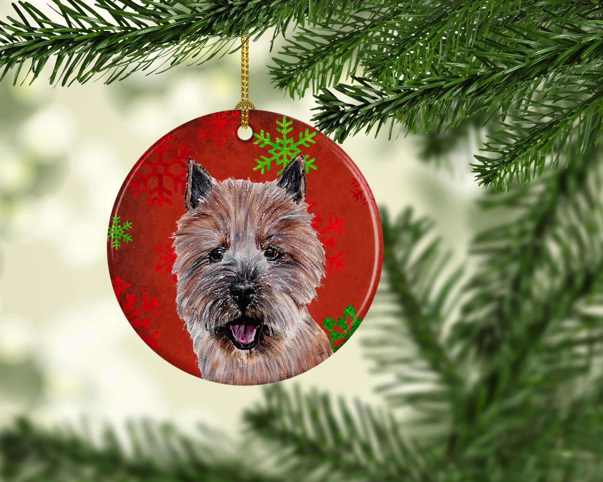 Norwich Terrier Red Snowflakes Holiday Ceramic Ornament SC9758CO1 - the-store.com