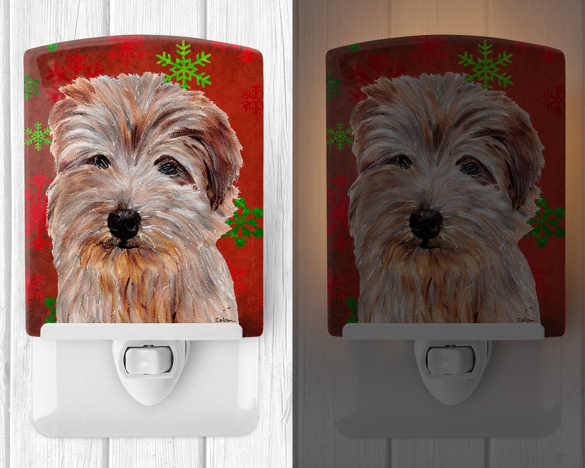 Norfolk Terrier Red Snowflakes Holiday Ceramic Night Light SC9760CNL - the-store.com