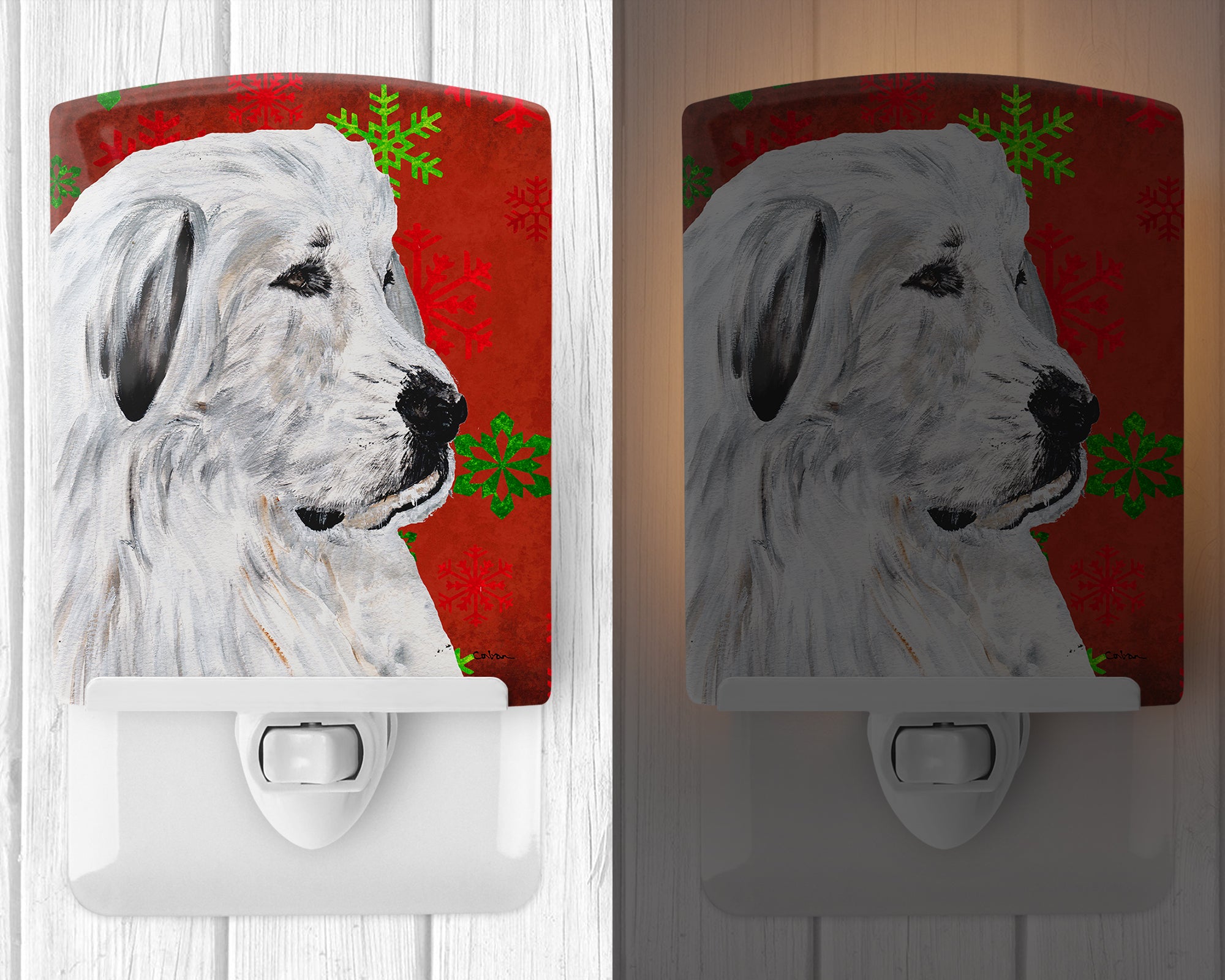Great Pyrenees Red Snowflakes Holiday Ceramic Night Light SC9762CNL - the-store.com
