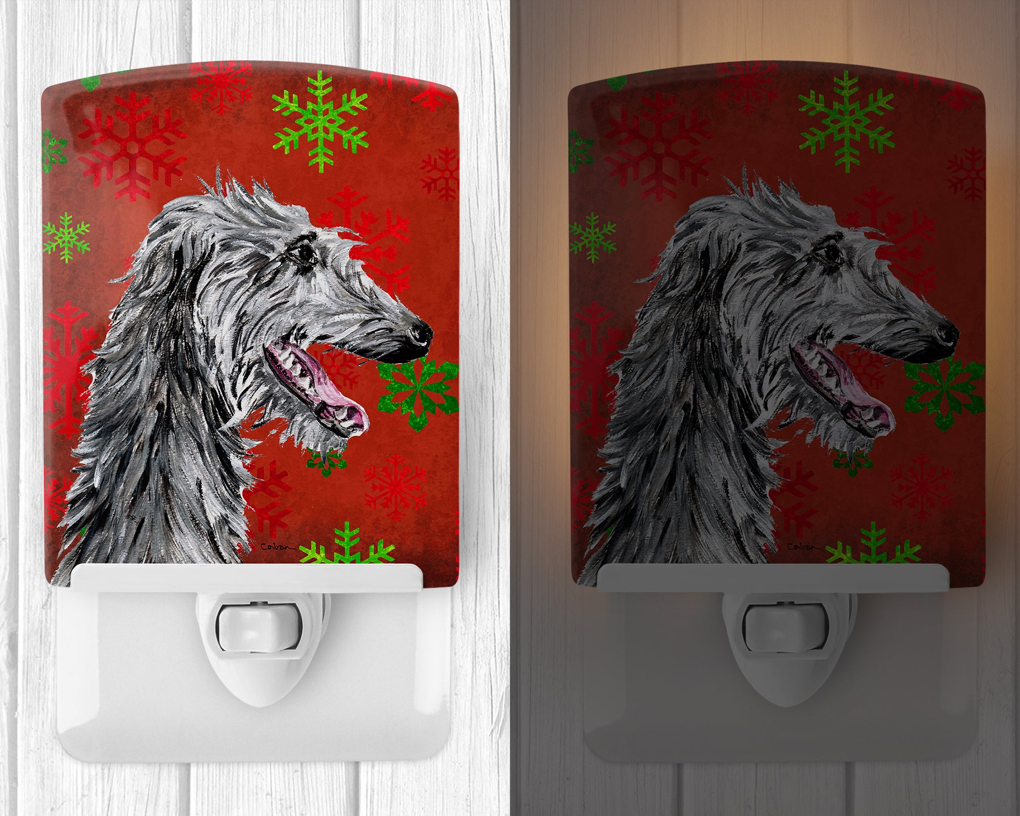 Scottish Deerhound Red Snowflakes Holiday Ceramic Night Light SC9765CNL - the-store.com