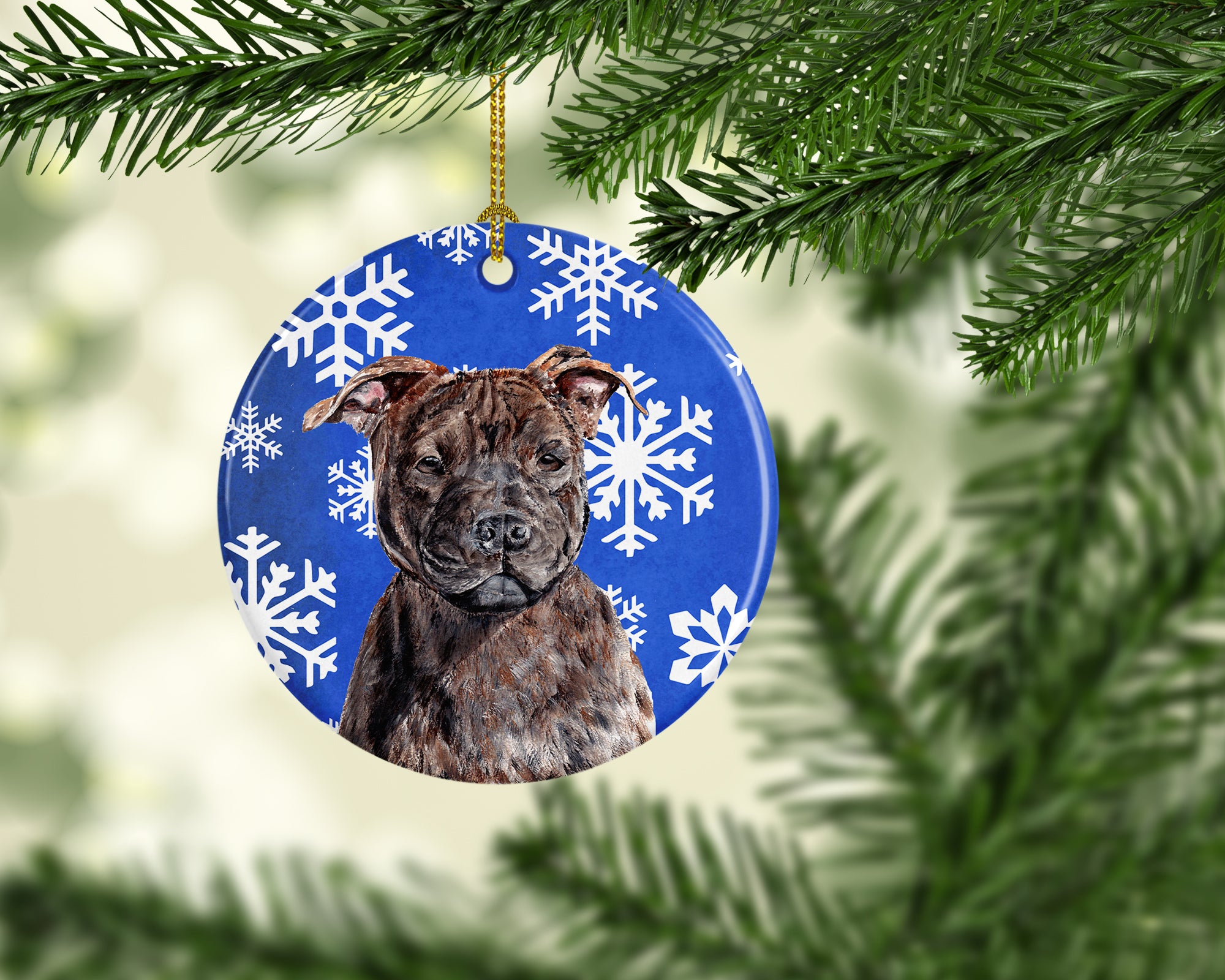 Staffordshire Bull Terrier Staffie Winter Snowflakes Ceramic Ornament SC9777CO1 - the-store.com