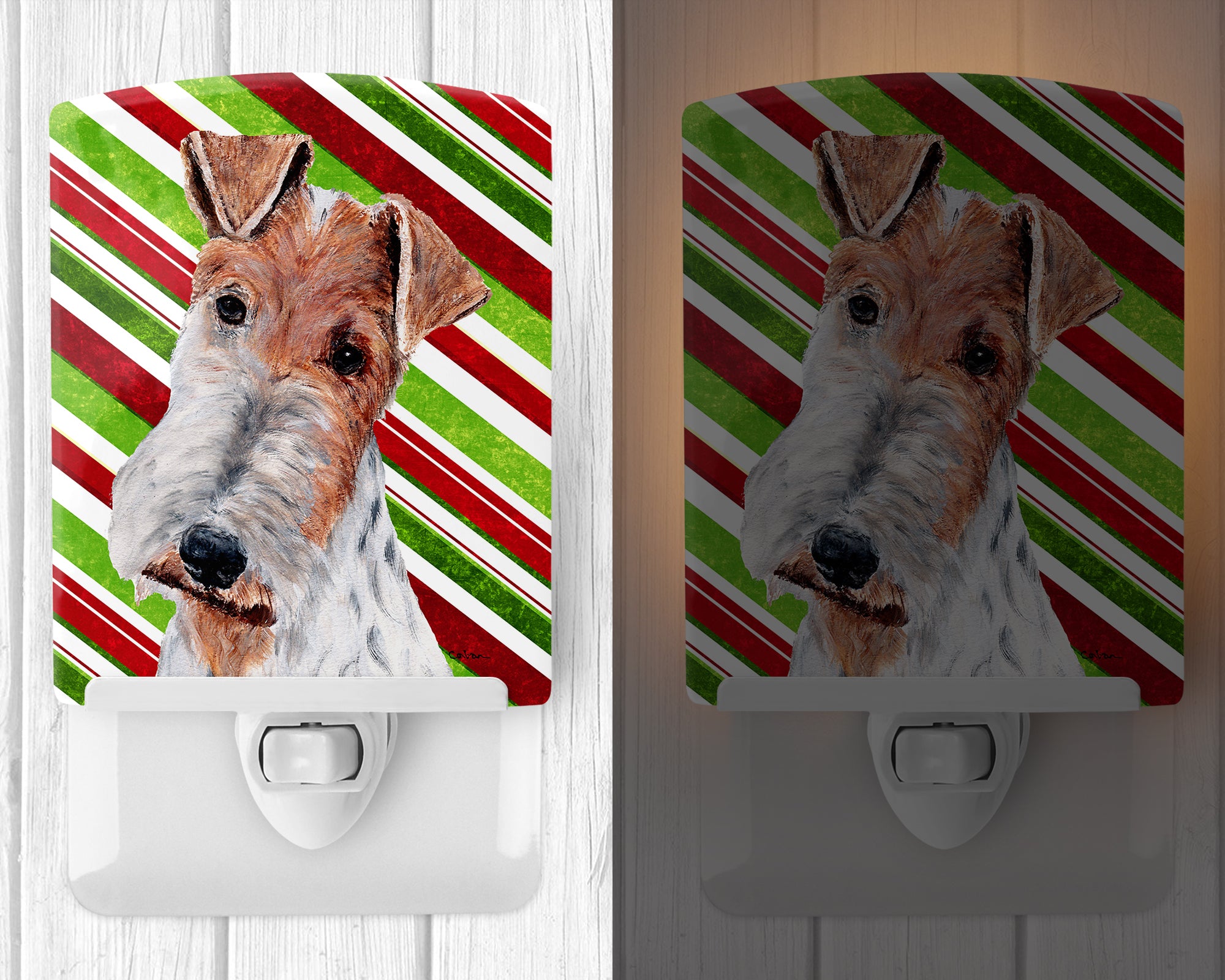 Wire Fox Terrier Candy Cane Christmas Ceramic Night Light SC9796CNL - the-store.com