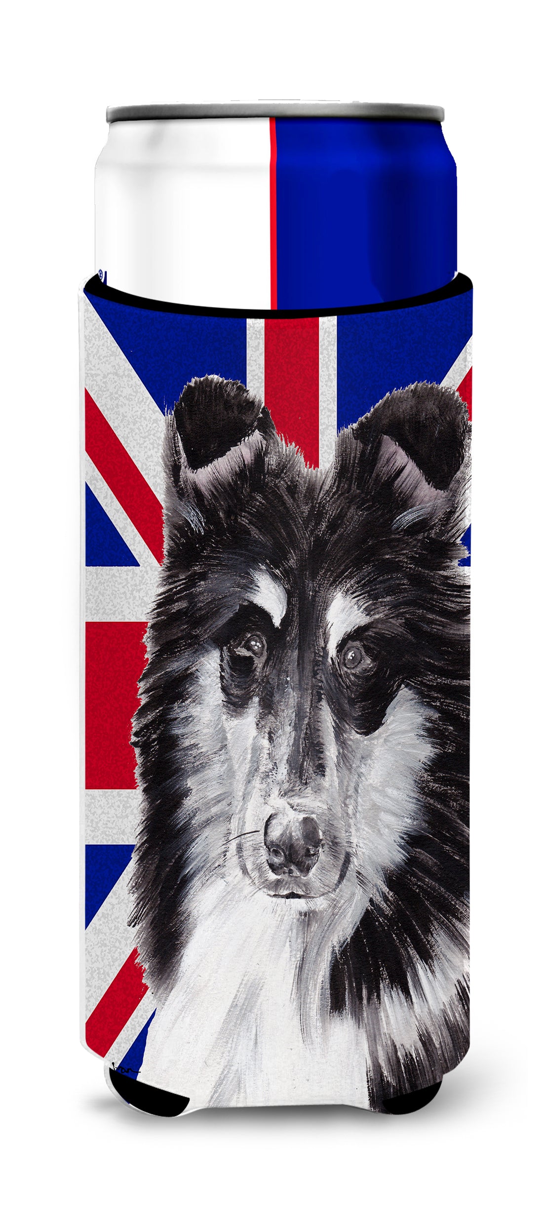 Black and White Collie with English Union Jack British Flag Ultra Beverage Insulators for slim cans SC9885MUK