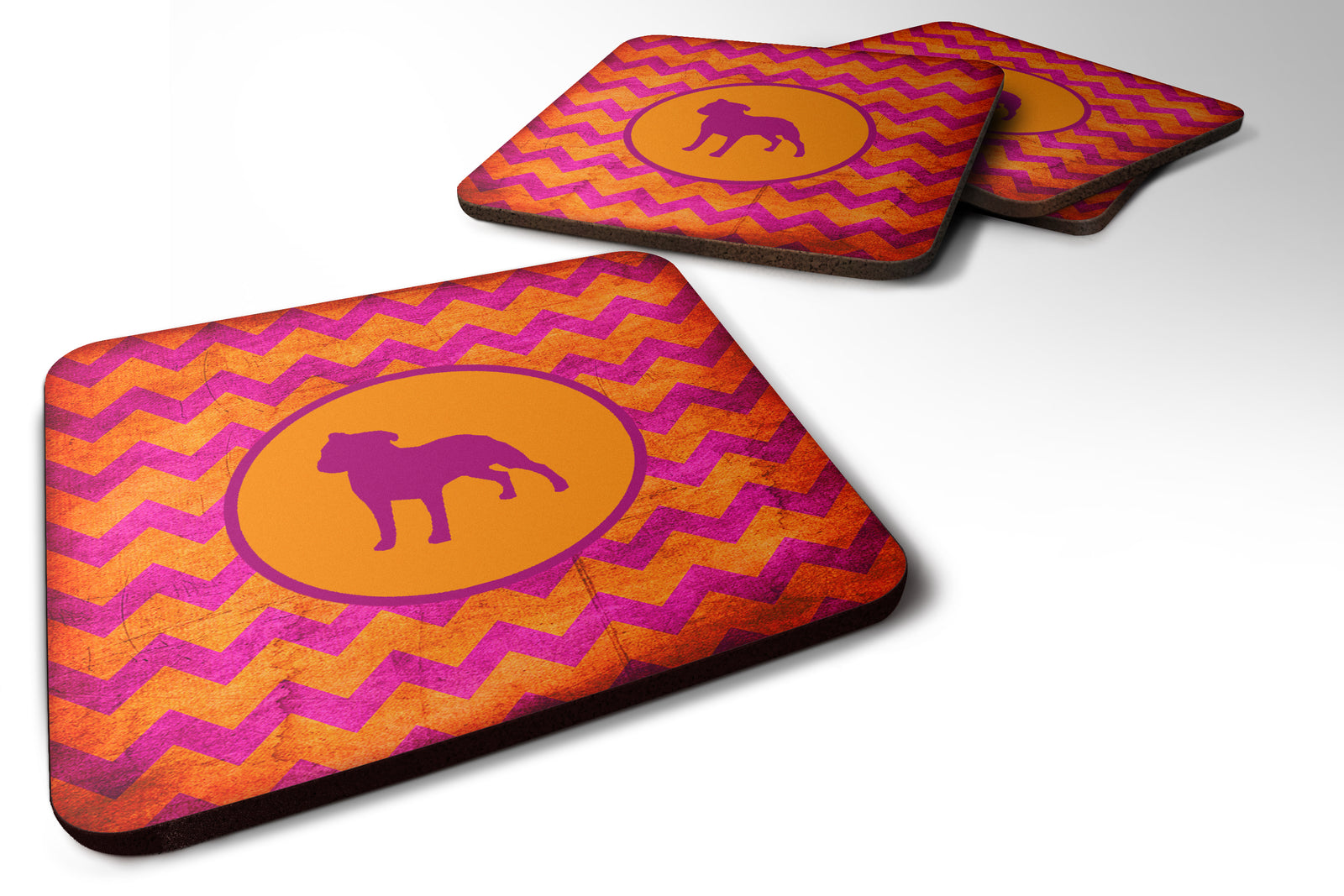 Set of 4 Staffordshire Bull Terrier Chevron Pink and Orange Foam Coasters - the-store.com