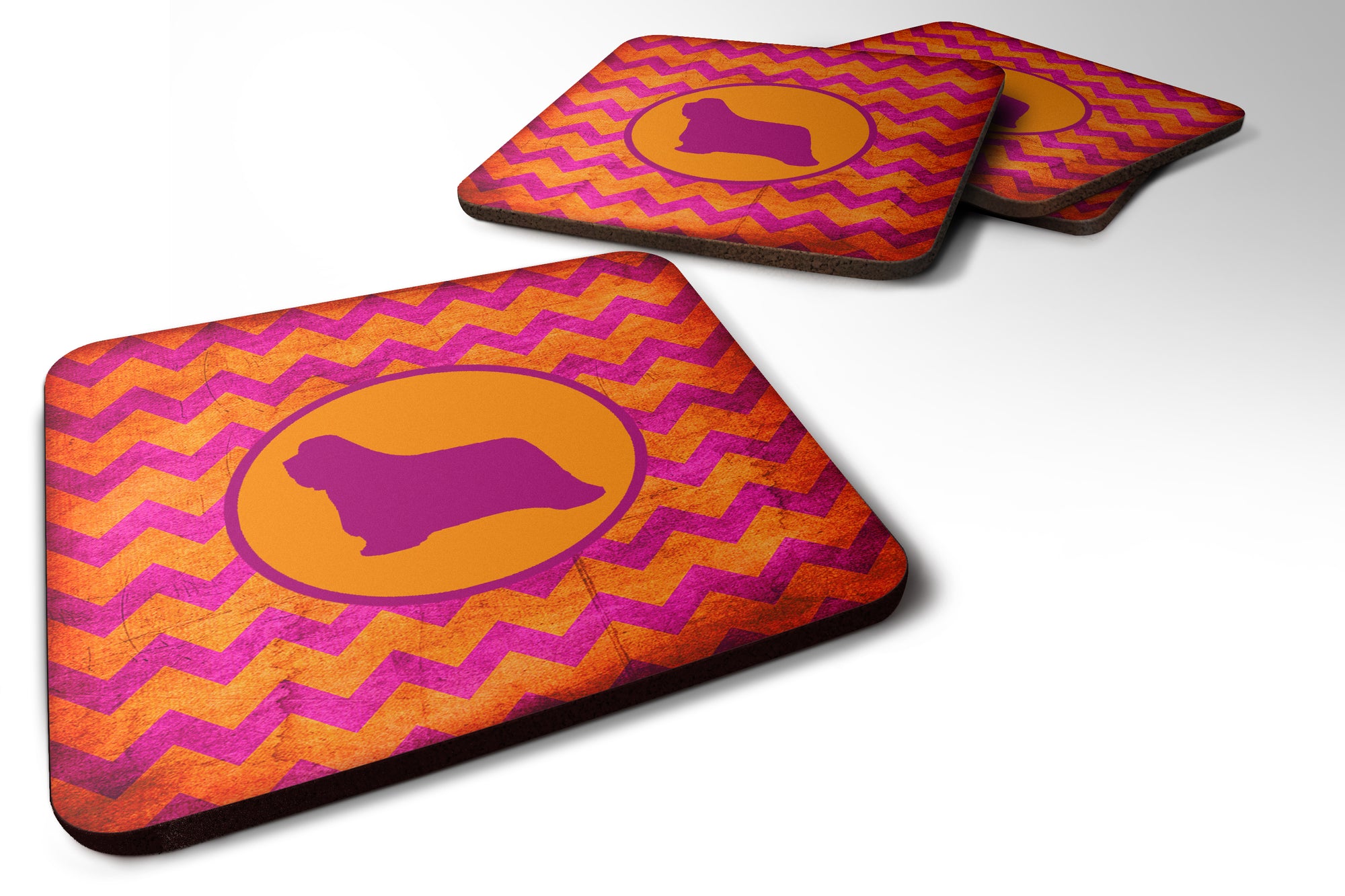 Set of 4 Bearded Collie Chevron Pink and Orange Foam Coasters - the-store.com