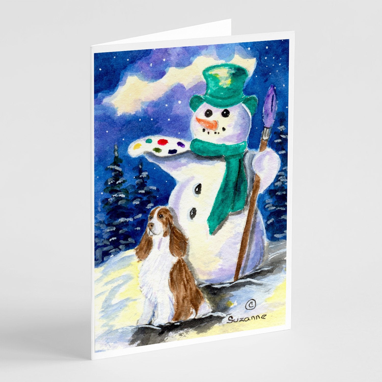 Buy this English Springer Spaniel with Artist Snowman Greeting Cards and Envelopes Pack of 8