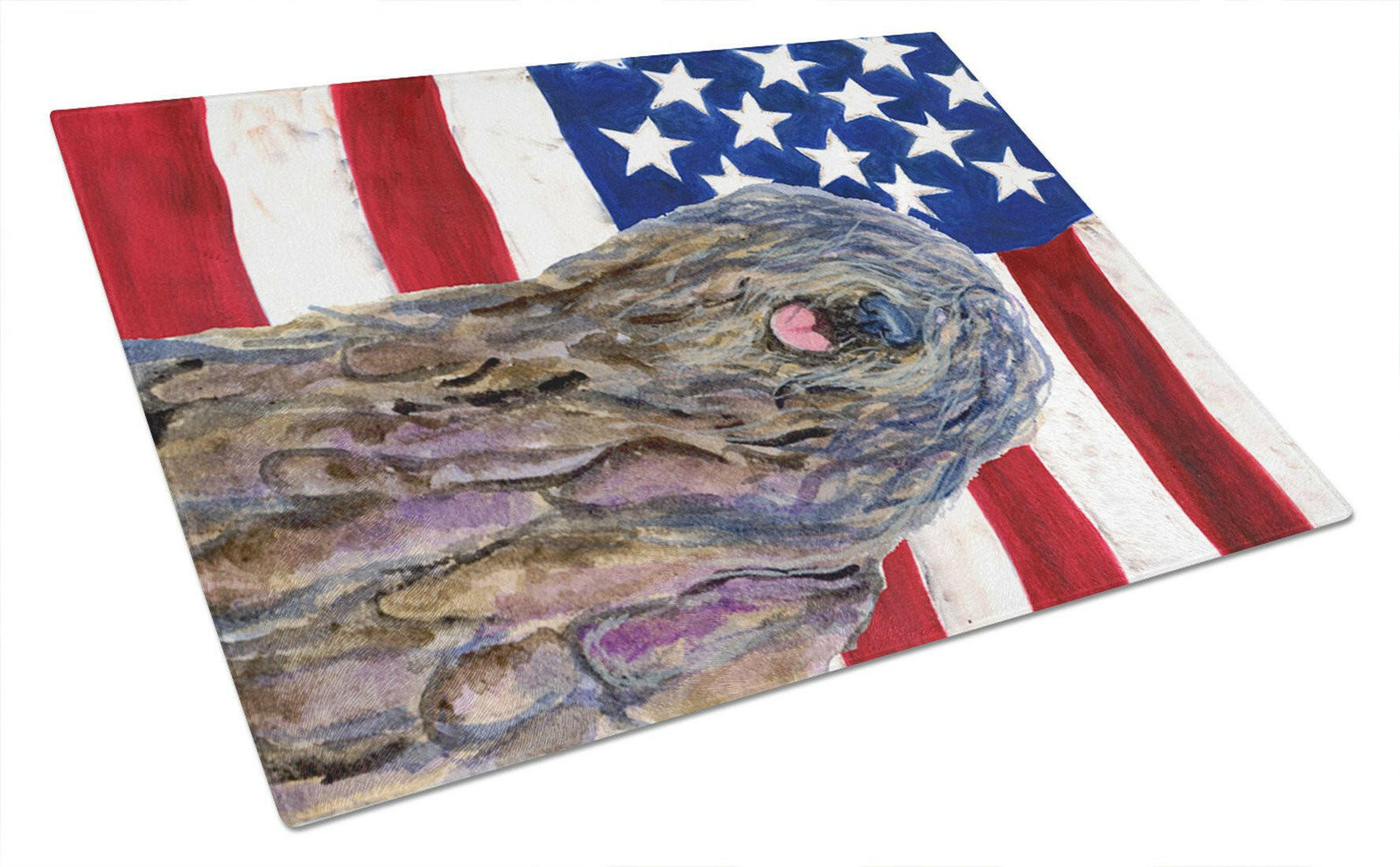 USA American Flag with Bergamasco Sheepdog Glass Cutting Board Large by Caroline's Treasures