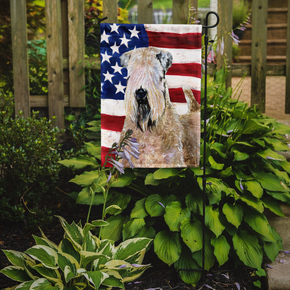 USA American Flag with Wheaten Terrier Soft Coated Flag Garden Size.