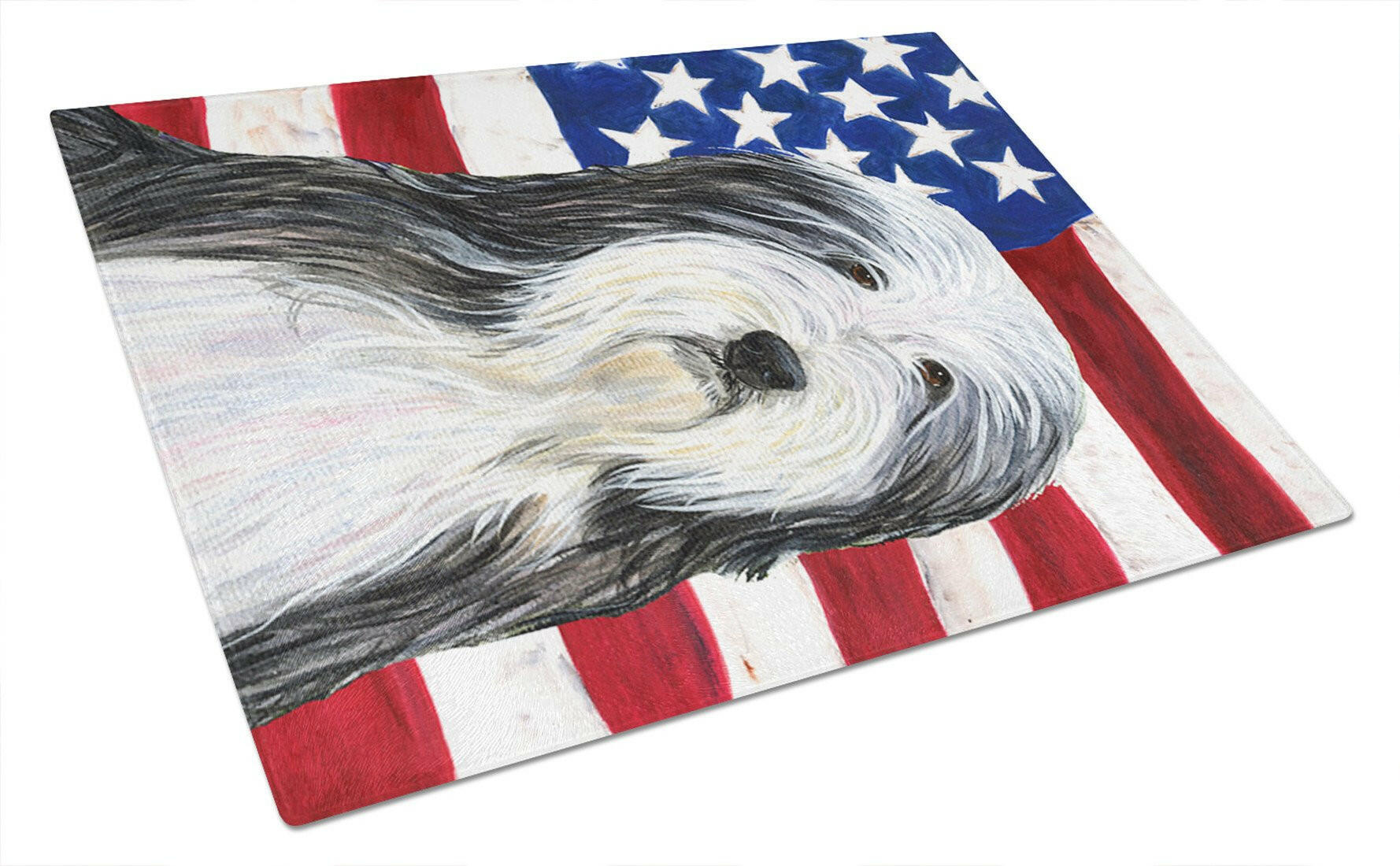 USA American Flag with Bearded Collie Glass Cutting Board Large by Caroline's Treasures