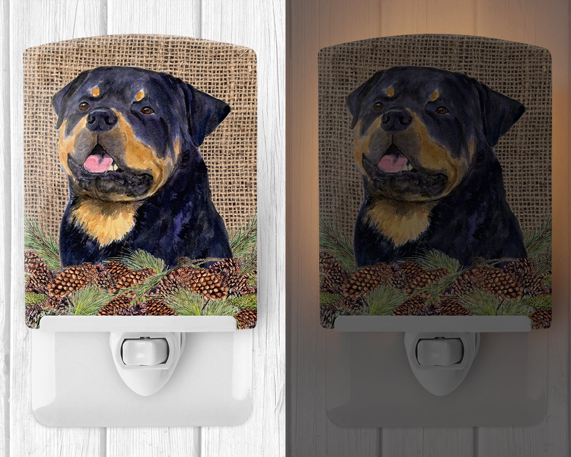 Rottweiler on Faux Burlap with Pine Cones Ceramic Night Light SS4059CNL - the-store.com