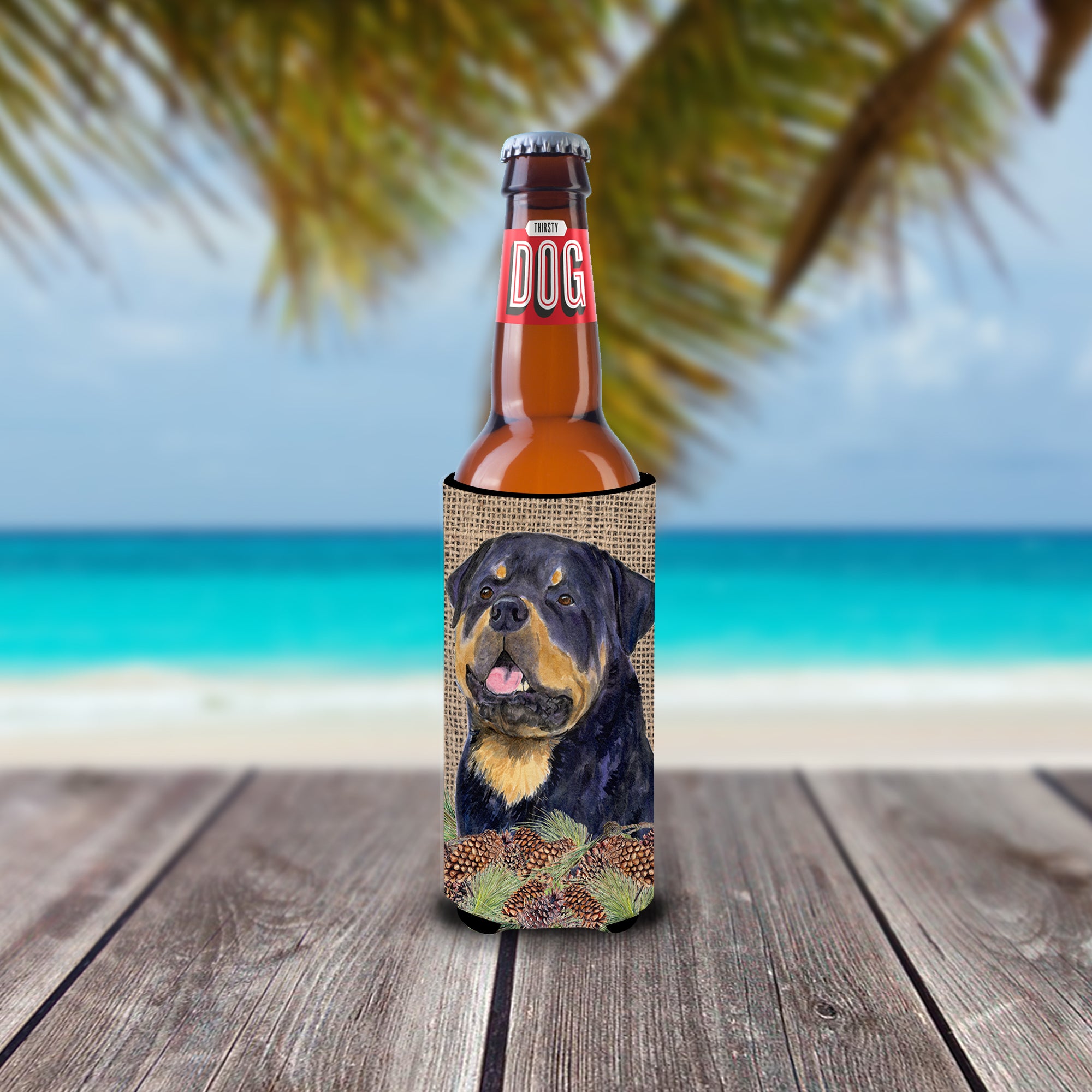 Rottweiler on Faux Burlap with Pine Cones Ultra Beverage Insulators for slim cans SS4059MUK.