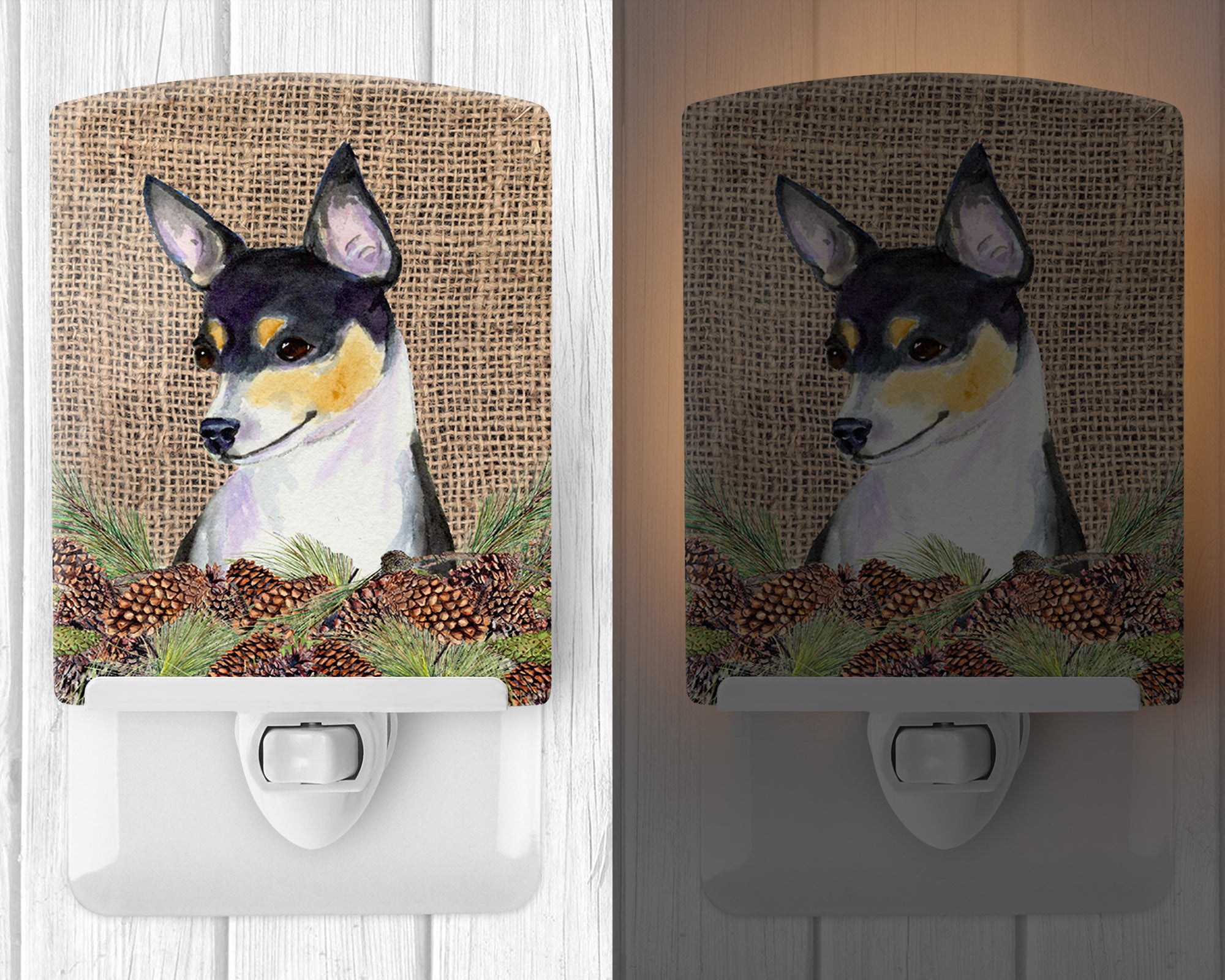 Fox Terrier on Faux Burlap with Pine Cones Ceramic Night Light SS4064CNL - the-store.com