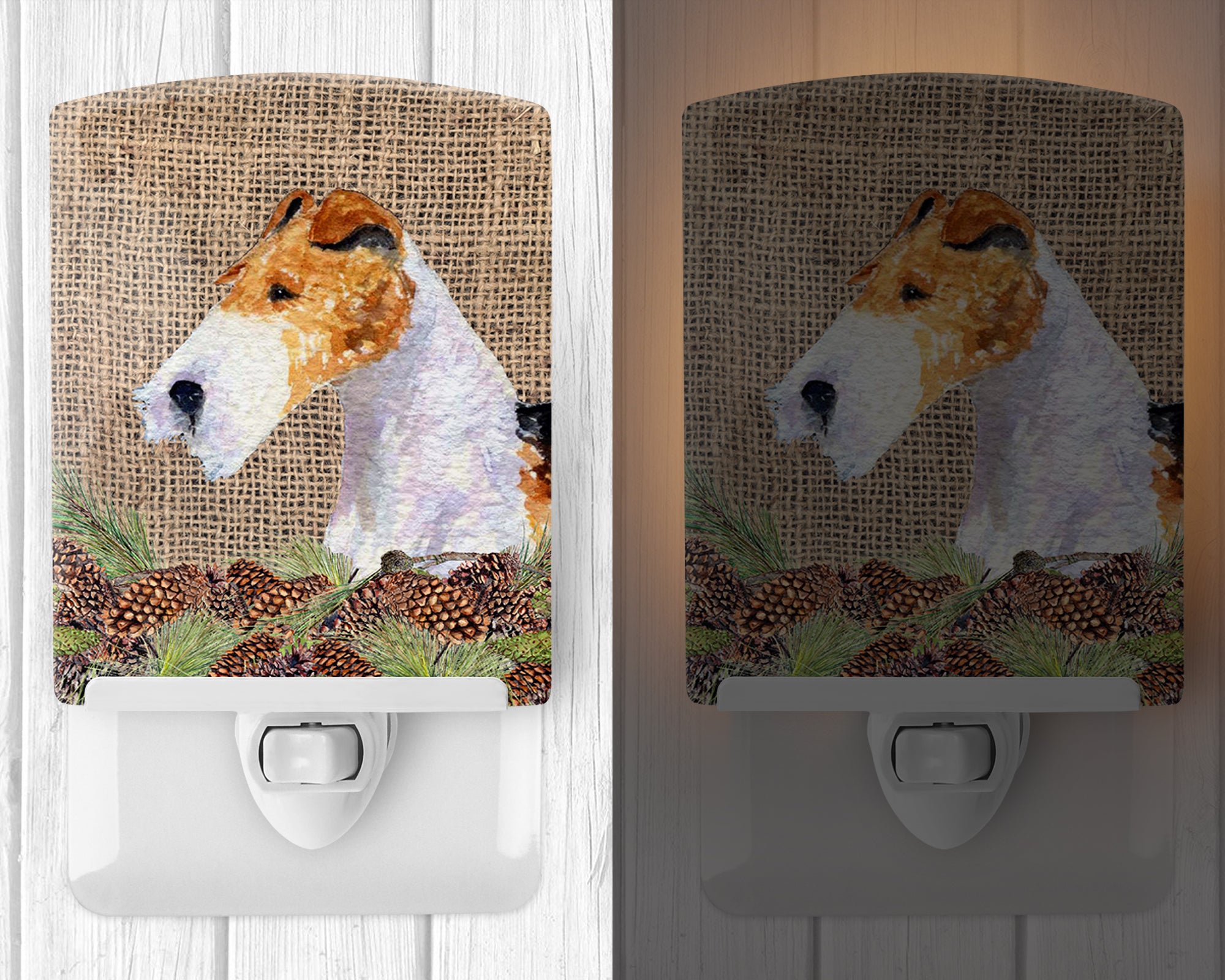 Fox Terrier on Faux Burlap with Pine Cones Ceramic Night Light SS4069CNL - the-store.com
