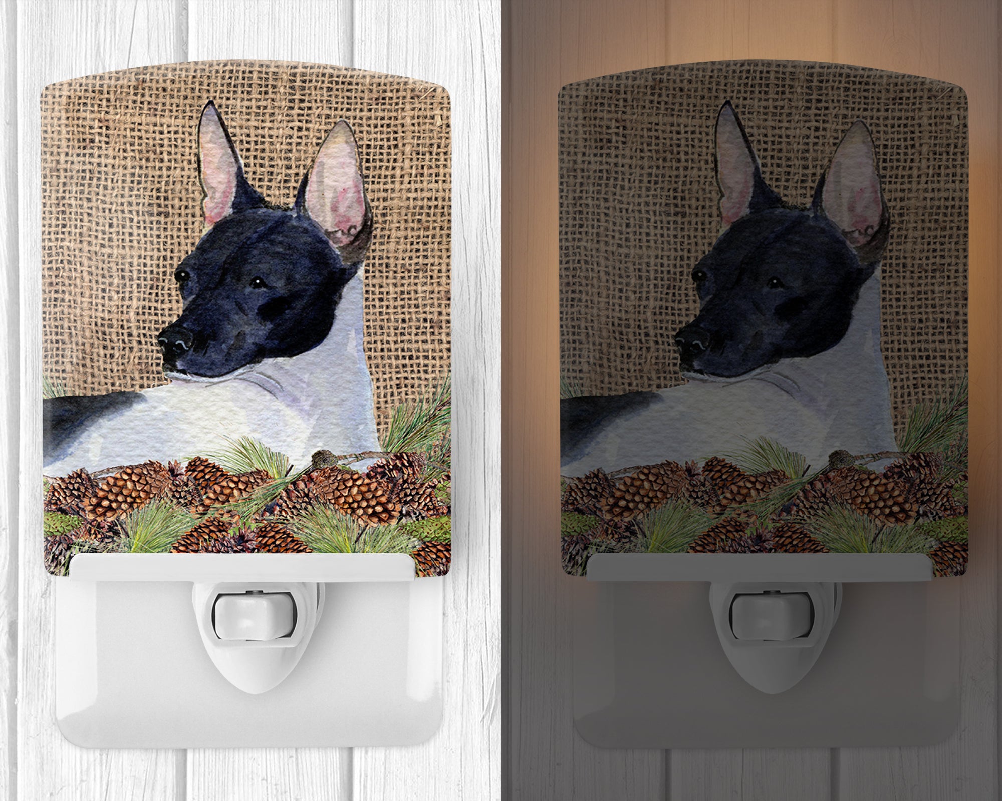Rat Terrier on Faux Burlap with Pine Cones Ceramic Night Light SS4071CNL - the-store.com
