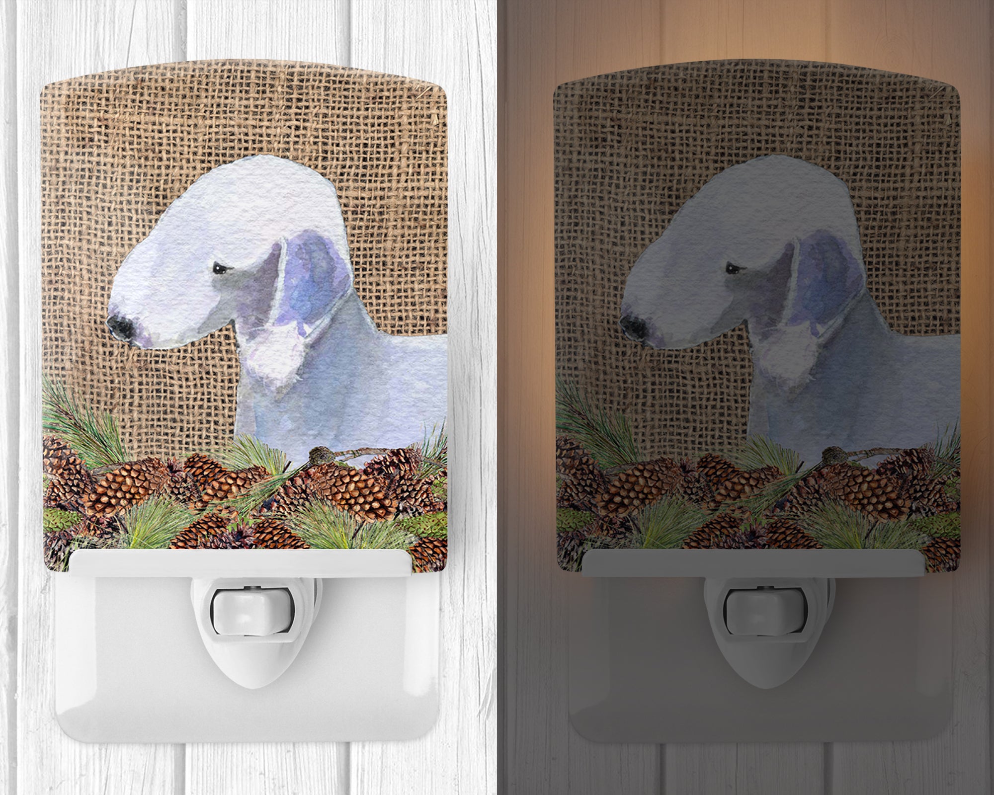 Bedlington Terrier on Faux Burlap with Pine Cones Ceramic Night Light SS4074CNL - the-store.com