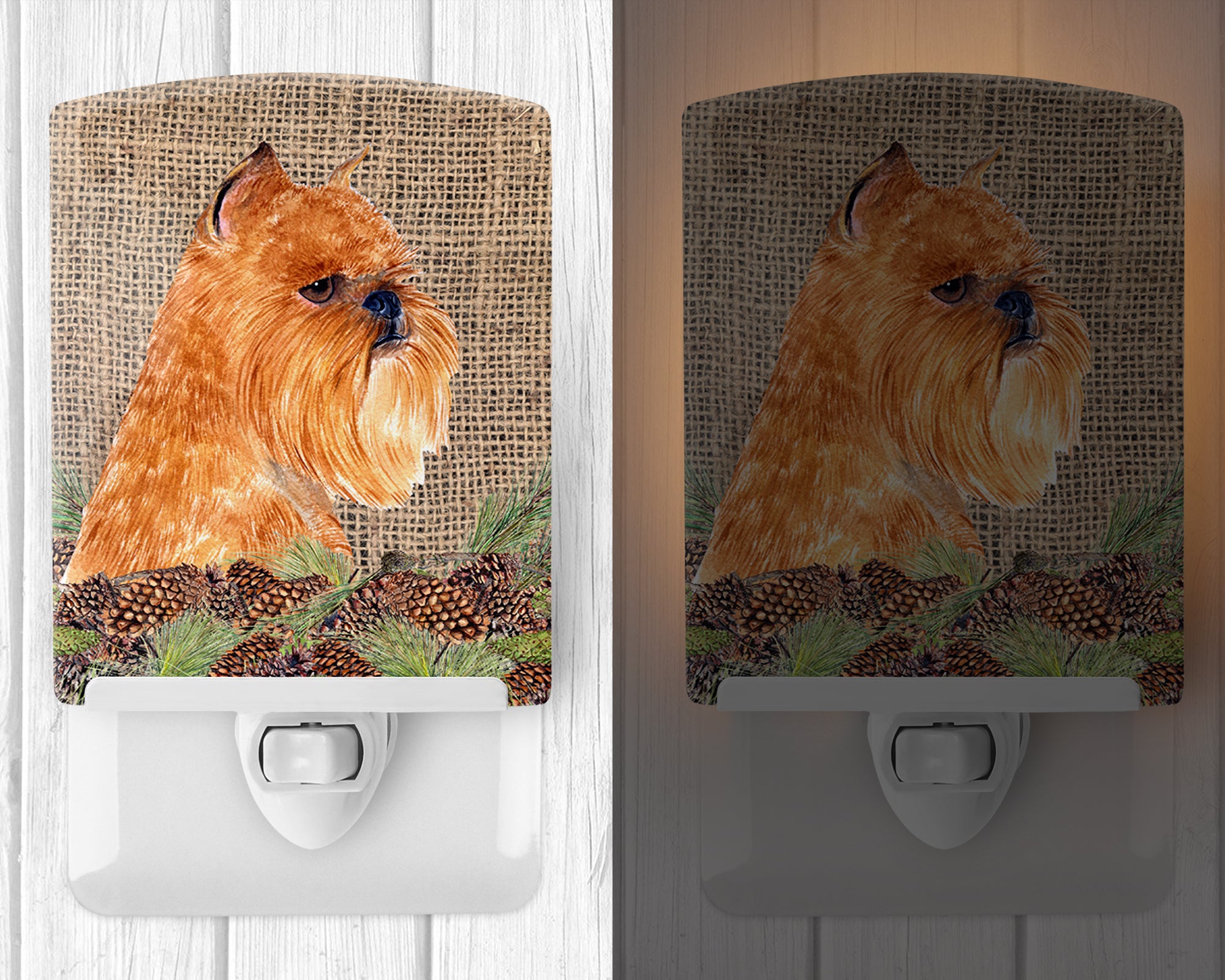Brussels Griffon on Faux Burlap with Pine Cones Ceramic Night Light SS4084CNL - the-store.com