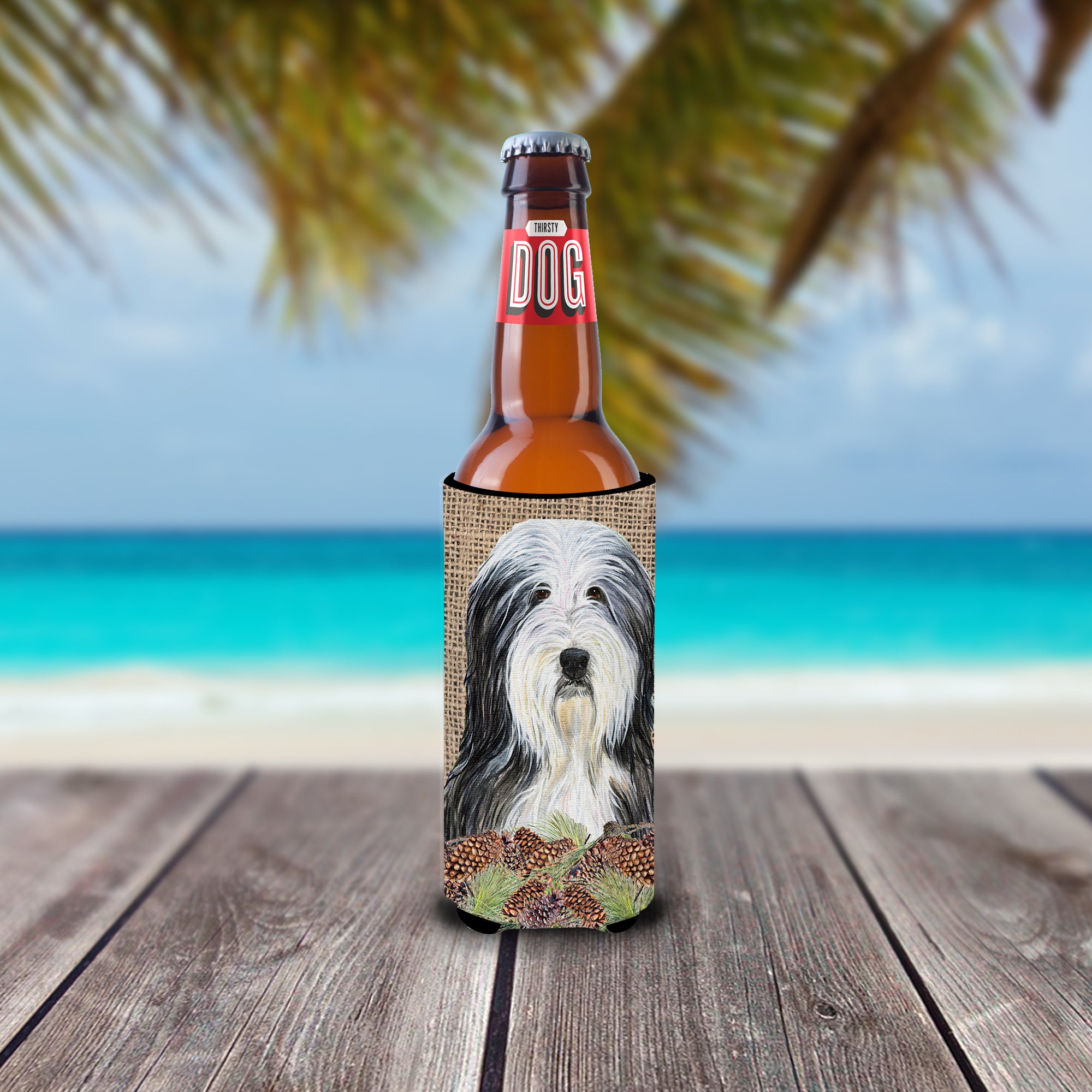 Bearded Collie on Faux Burlap with Pine Cones Ultra Beverage Insulators for slim cans SS4087MUK