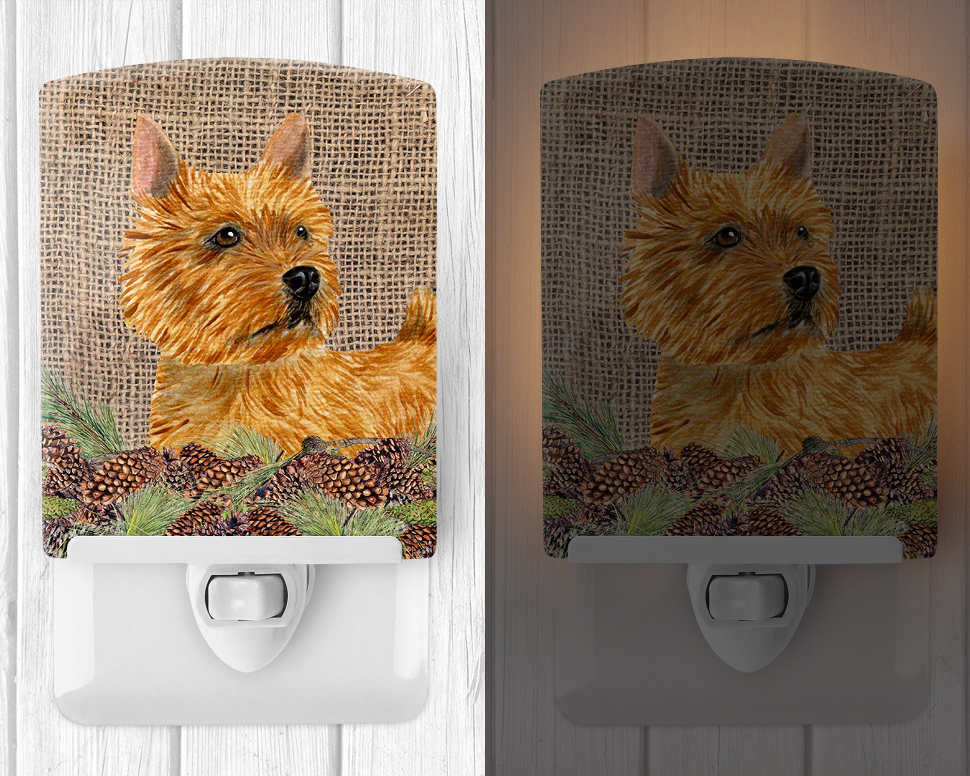 Norwich Terrier on Faux Burlap with Pine Cones Ceramic Night Light SS4088CNL - the-store.com