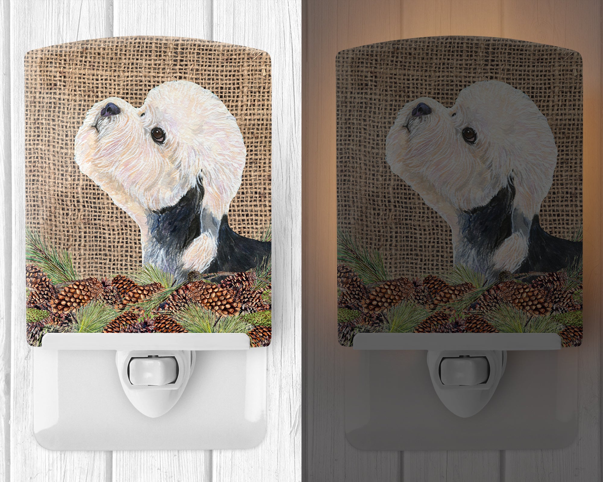 Dandie Dinmont Terrier on Faux Burlap with Pine Cones Ceramic Night Light SS4092CNL - the-store.com