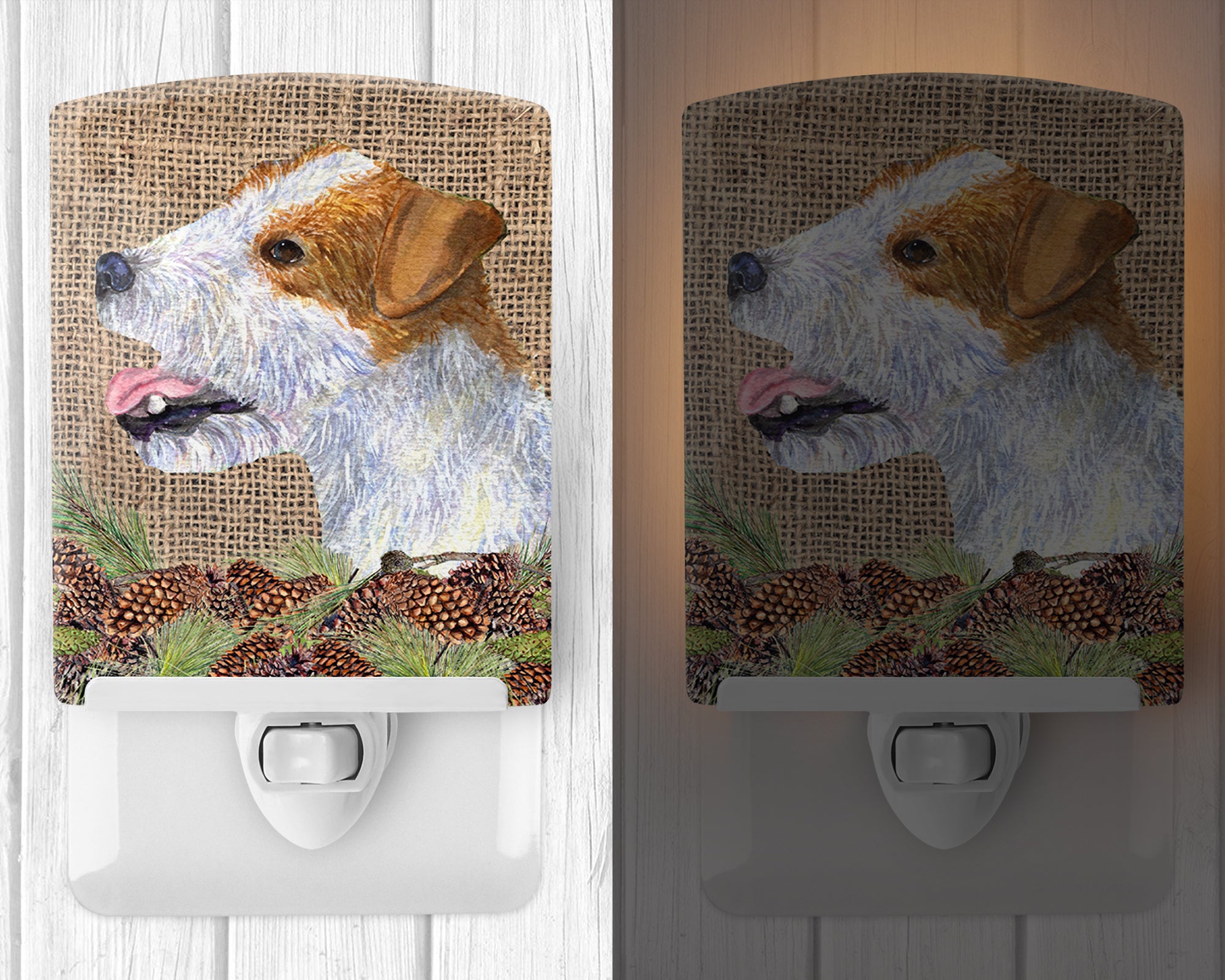 Jack Russell Terrier on Faux Burlap with Pine Cones Ceramic Night Light SS4093CNL - the-store.com