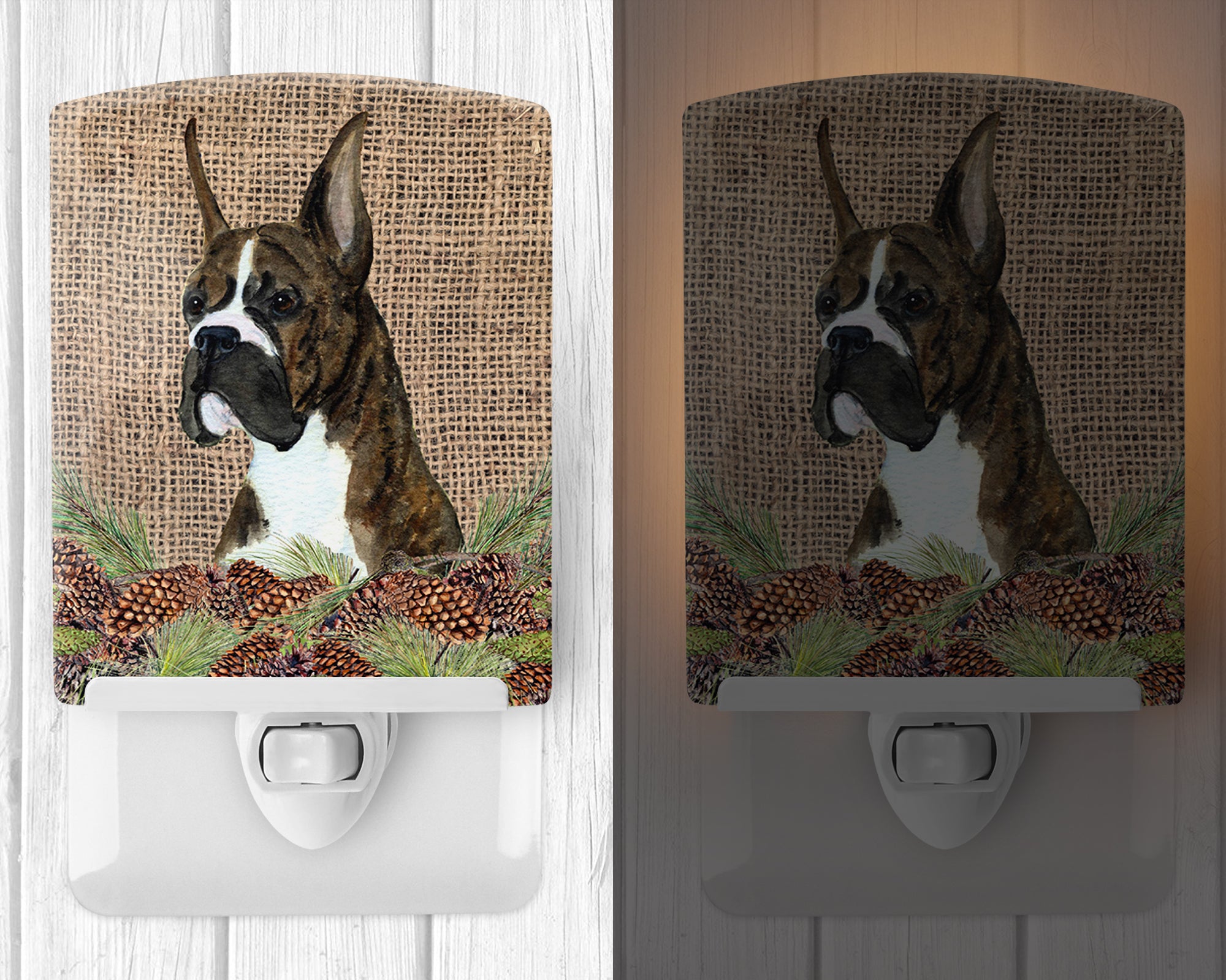 Brindle Boxer on Faux Burlap with Pine Cones Ceramic Night Light SS4097CNL - the-store.com
