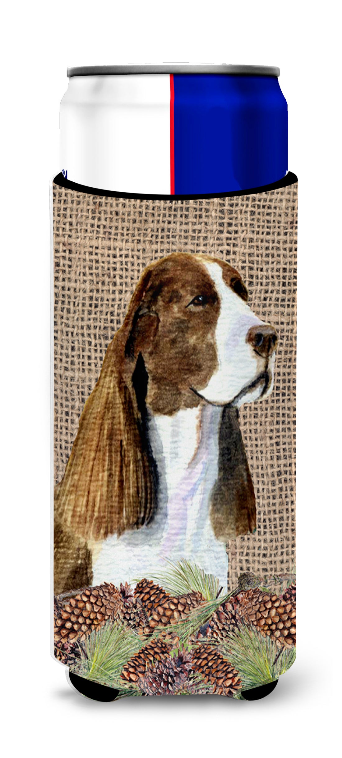 Springer Spaniel on Faux Burlap with Pine Cones Ultra Beverage Insulators for slim cans SS4102MUK.
