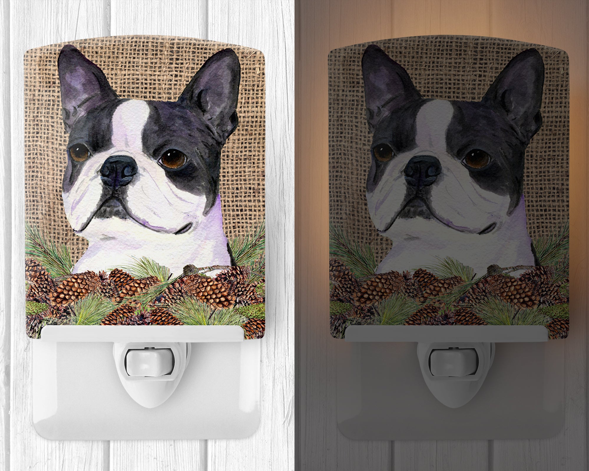 Boston Terrier on Faux Burlap with Pine Cones Ceramic Night Light SS4105CNL - the-store.com