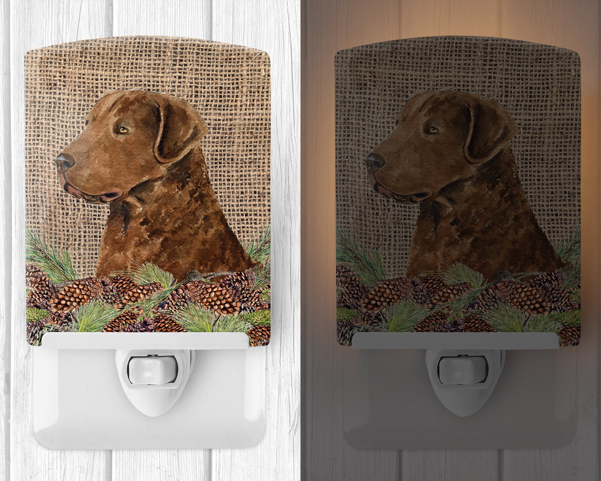 Curly Coated Retriever on Faux Burlap with Pine Cones Ceramic Night Light SS4108CNL - the-store.com
