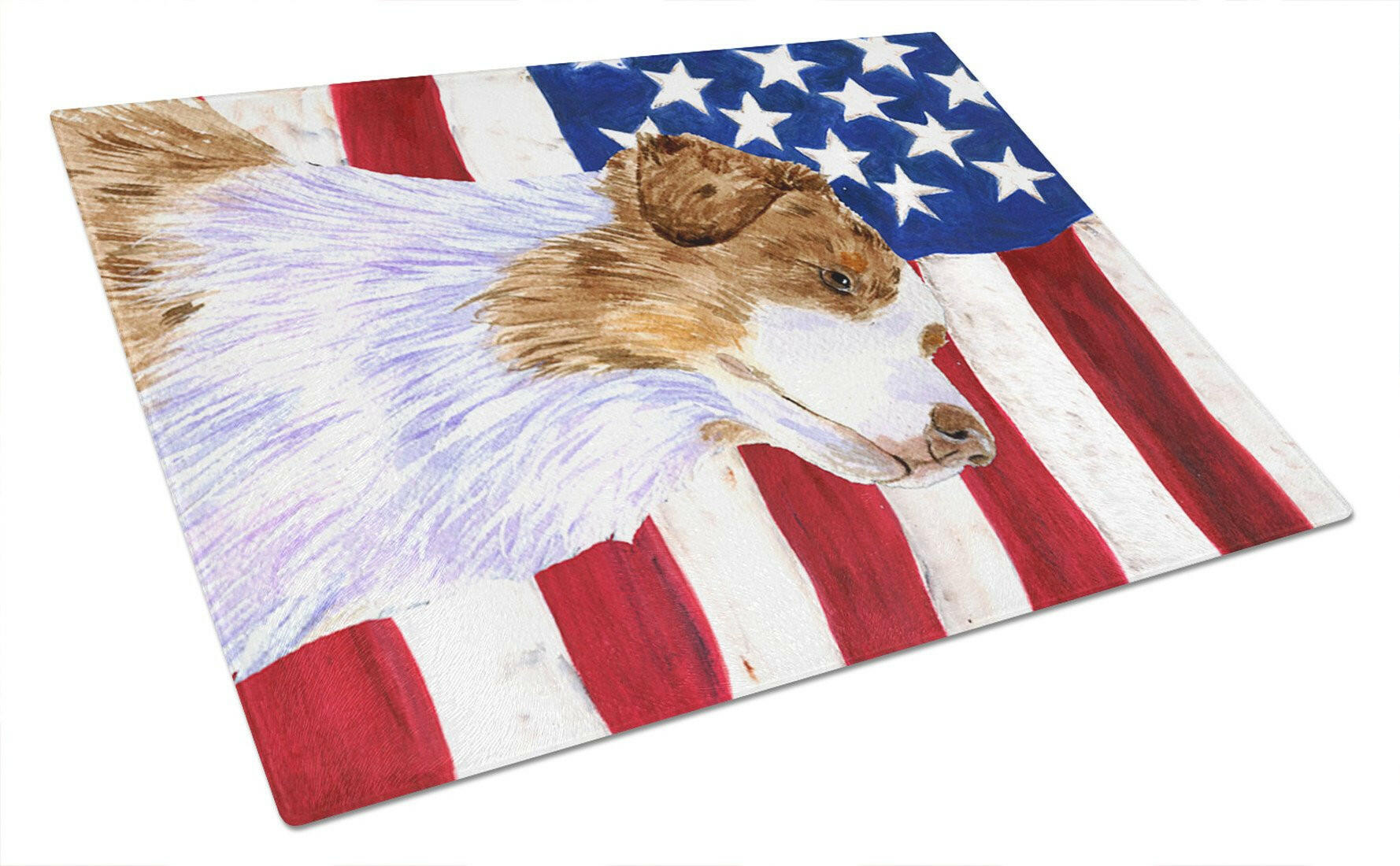 USA American Flag with Australian Shepherd Glass Cutting Board Large by Caroline's Treasures