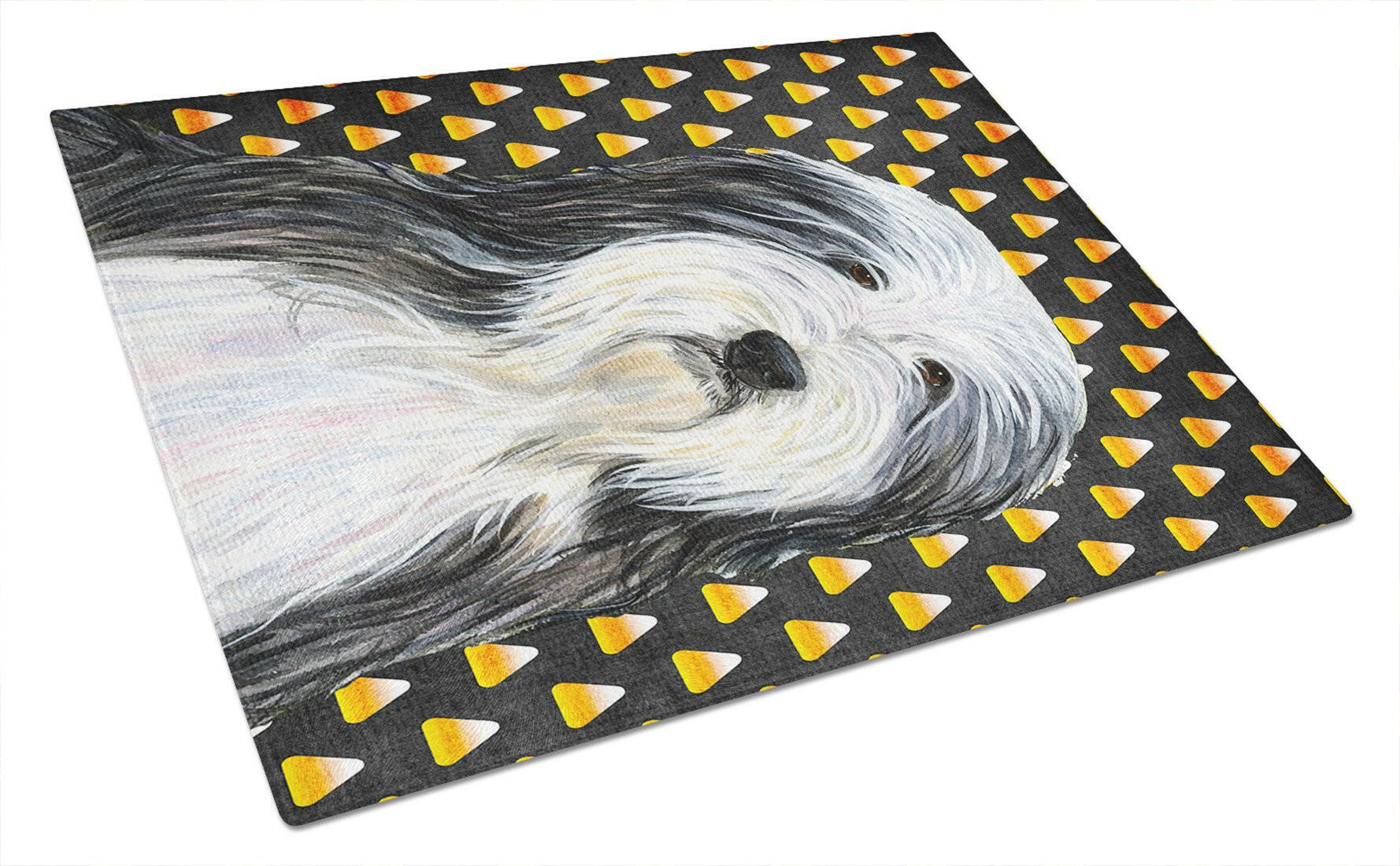 Bearded Collie Candy Corn Halloween Portrait Glass Cutting Board Large by Caroline's Treasures