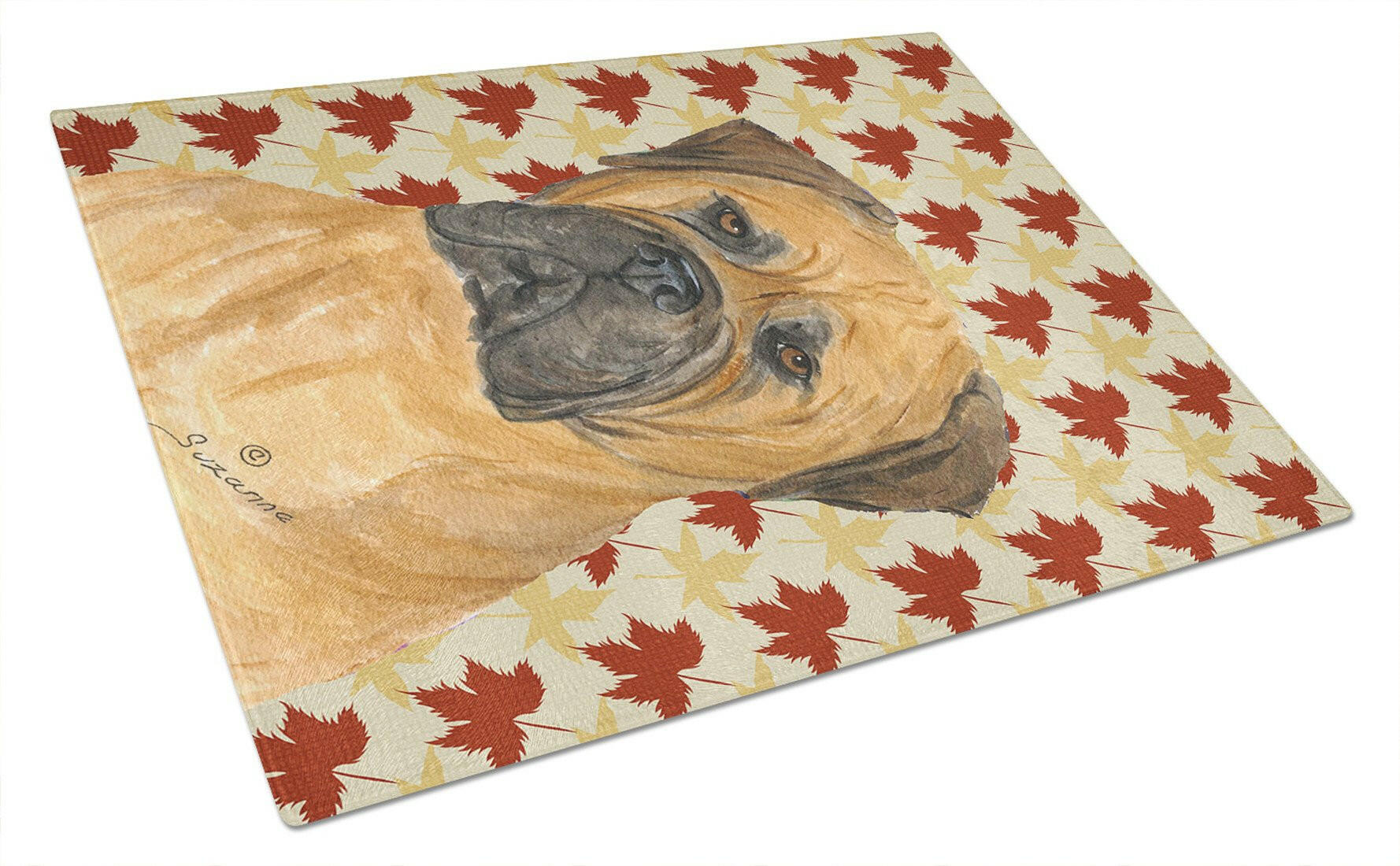 Bullmastiff Fall Leaves Portrait Glass Cutting Board Large by Caroline's Treasures