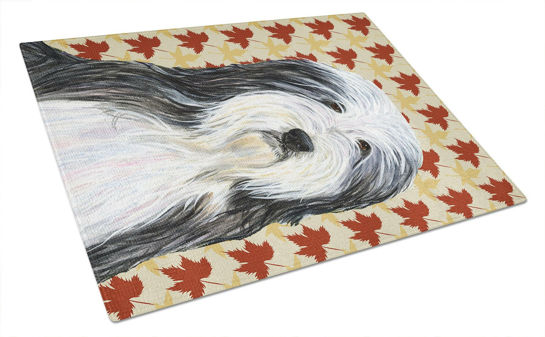 Bearded Collie Fall Leaves Portrait Glass Cutting Board Large by Caroline's Treasures