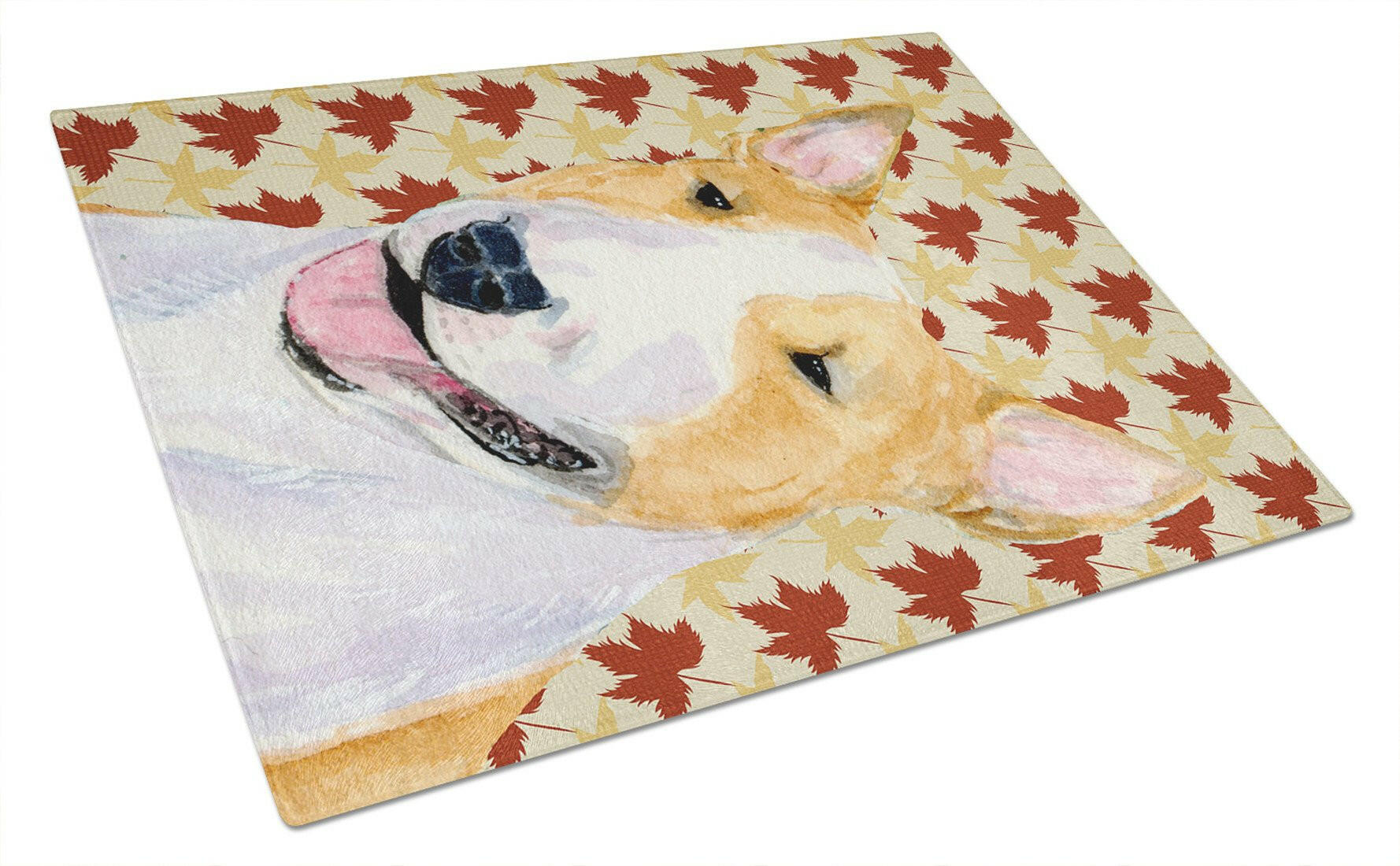 Bull Terrier Fall Leaves Portrait Glass Cutting Board Large by Caroline's Treasures