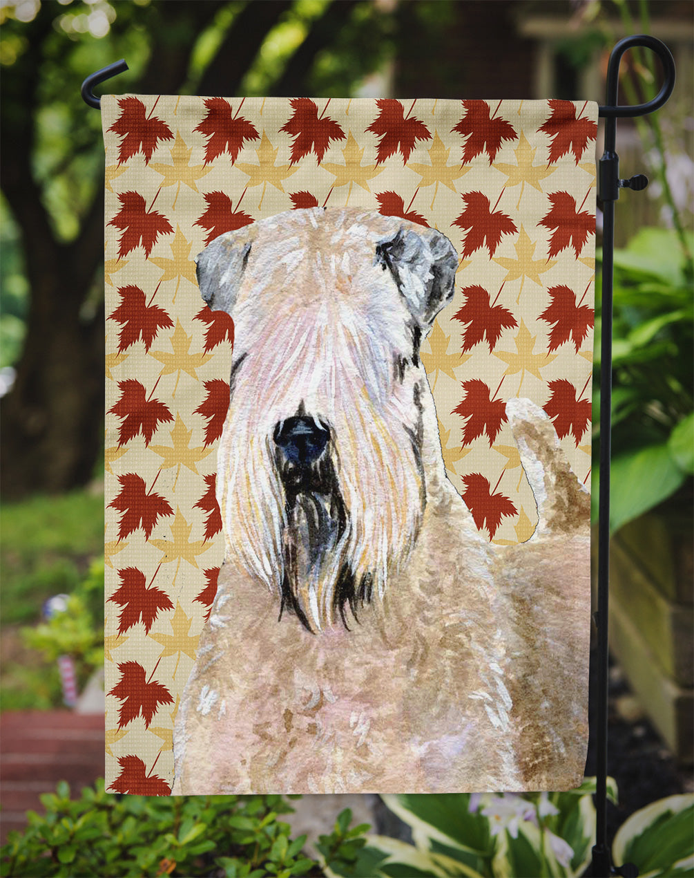 Wheaten Terrier Soft Coated Fall Leaves Portrait Flag Garden Size.