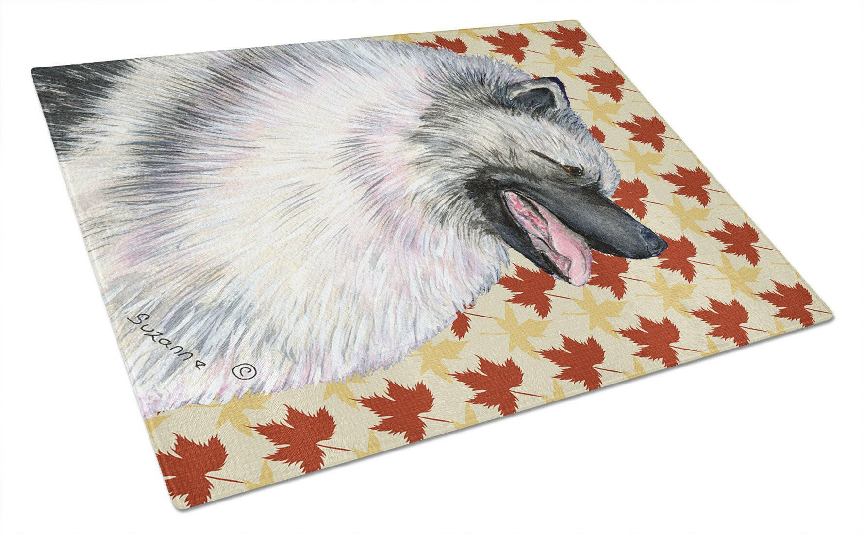 Keeshond Fall Leaves Portrait Glass Cutting Board Large by Caroline's Treasures