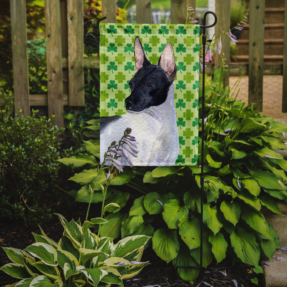 Rat Terrier St. Patrick's Day Shamrock Portrait Flag Garden Size.