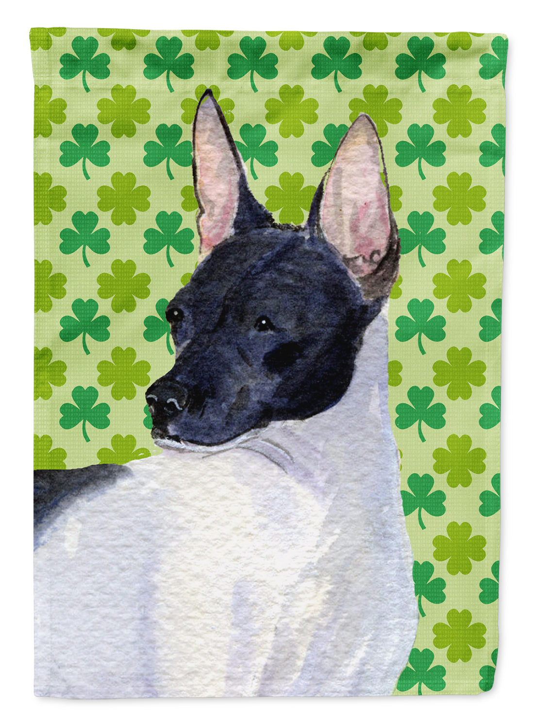 Rat Terrier St. Patrick's Day Shamrock Portrait Flag Garden Size.