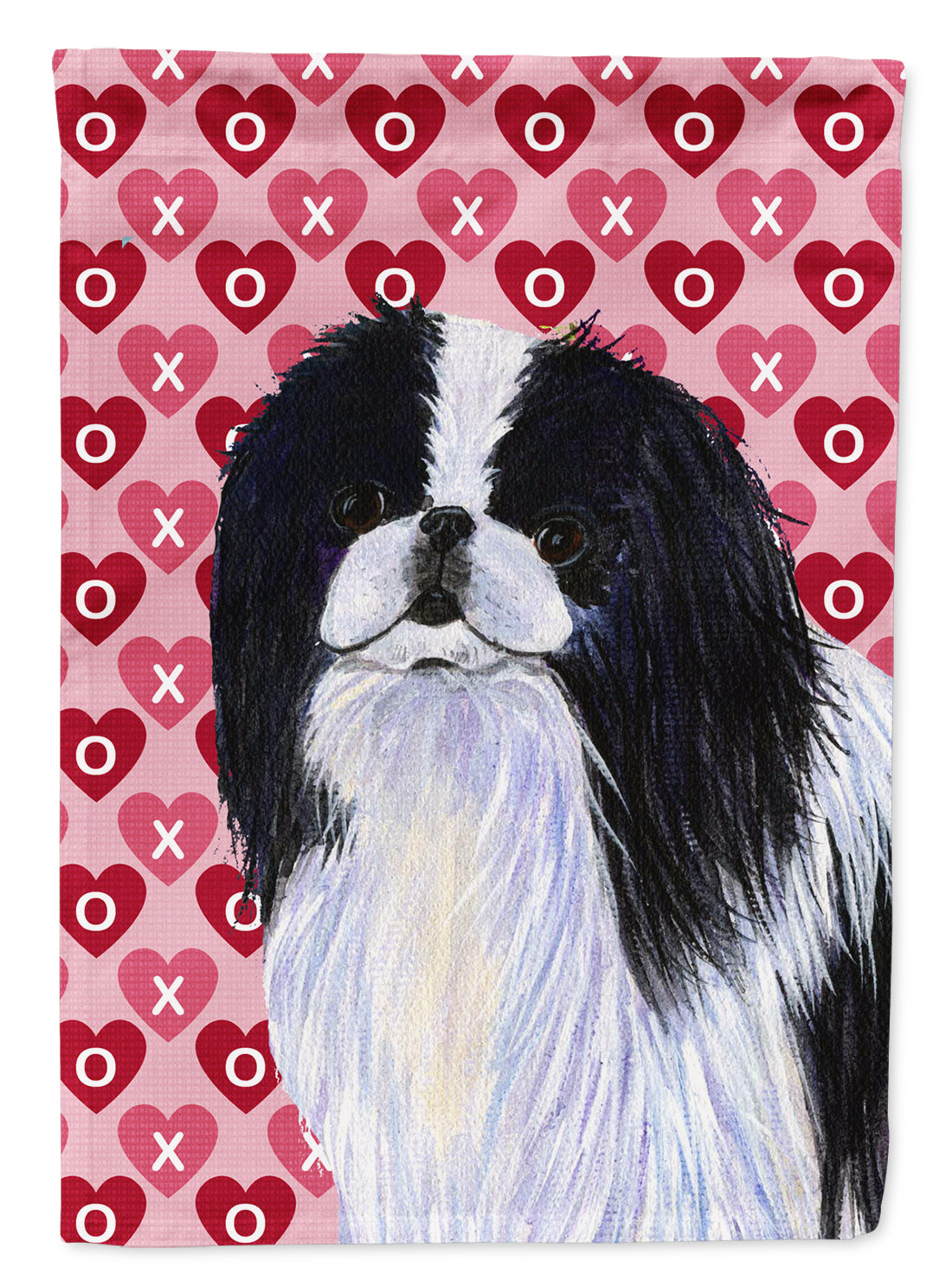 Japanese Chin Hearts Love and Valentine's Day Portrait Flag Garden Size.