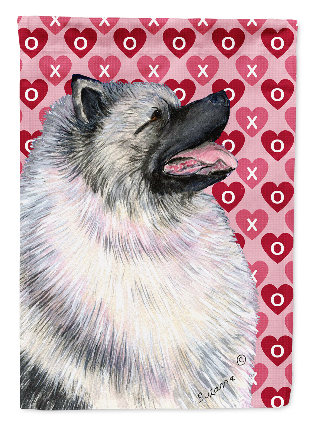 Keeshond Hearts Love and Valentine's Day Portrait Flag Garden Size.