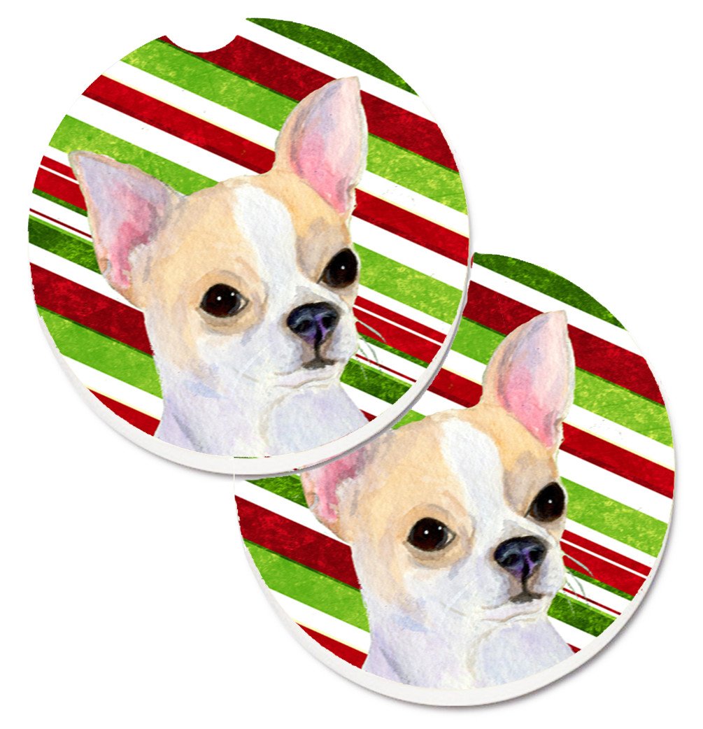 Chihuahua Candy Cane Holiday Christmas Set of 2 Cup Holder Car Coasters SS4543CARC by Caroline&#39;s Treasures