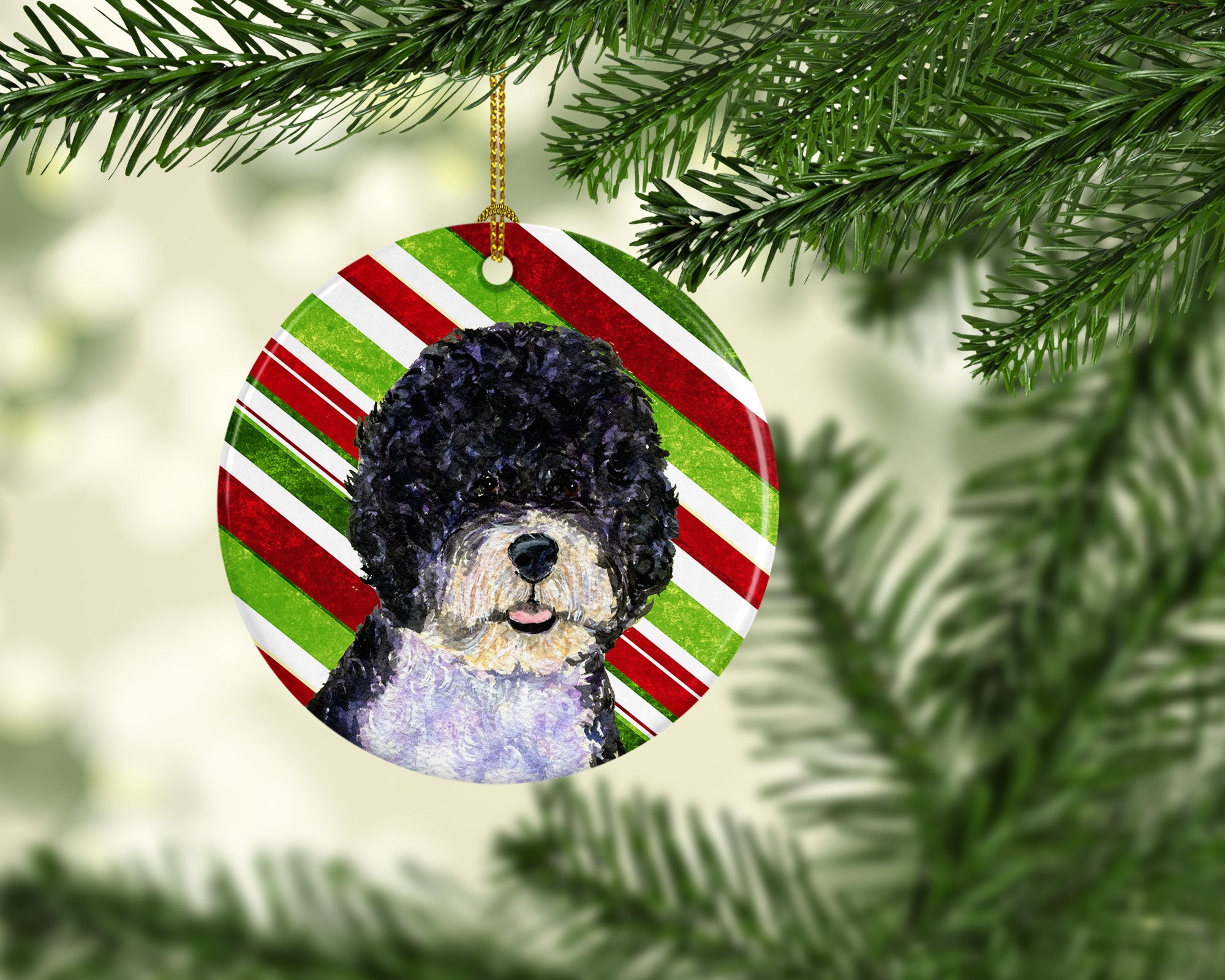 Portuguese Water Dog Candy Cane Holiday Christmas Ceramic Ornament SS4559 - the-store.com