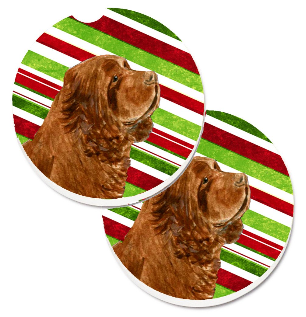 Sussex Spaniel Candy Cane Holiday Christmas Set of 2 Cup Holder Car Coasters SS4579CARC by Caroline's Treasures