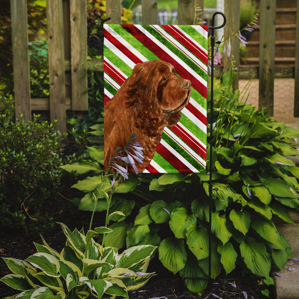 Sussex Spaniel Candy Cane Holiday Christmas Flag Garden Size.