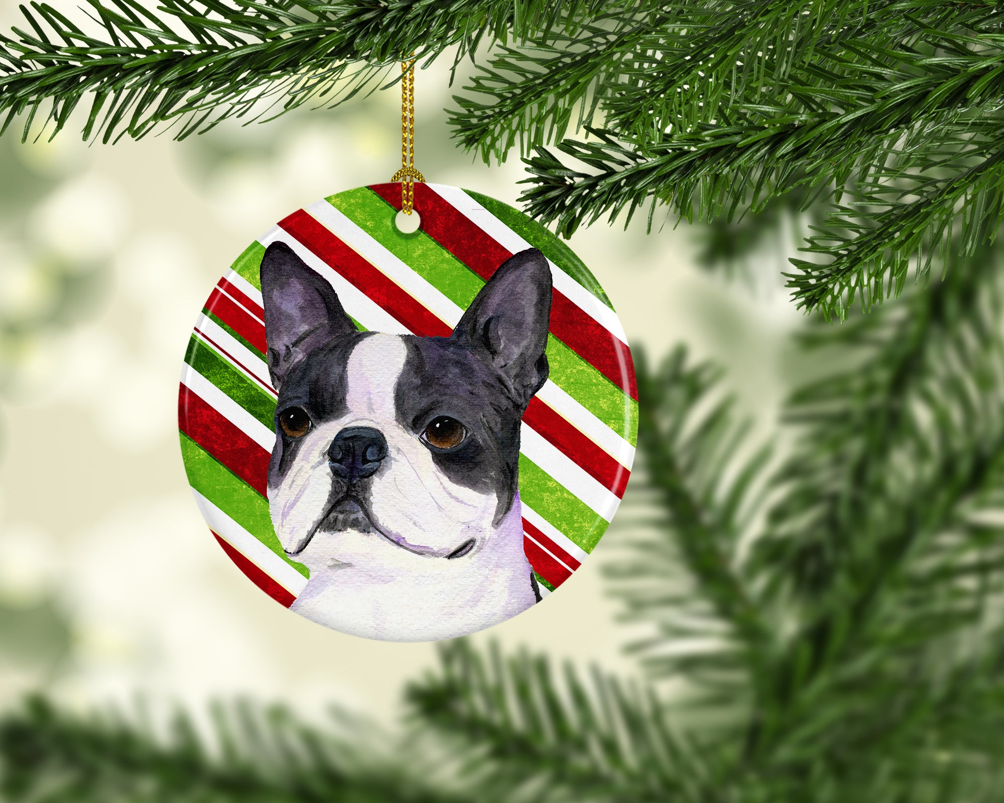 Boston Terrier Candy Cane Holiday Christmas Ceramic Ornament SS4585 - the-store.com