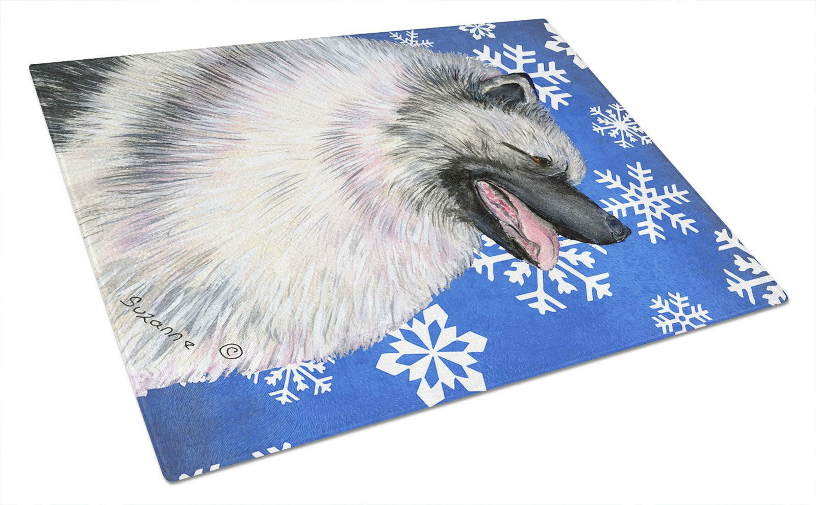 Keeshond Winter Snowflakes Holiday Glass Cutting Board Large by Caroline's Treasures