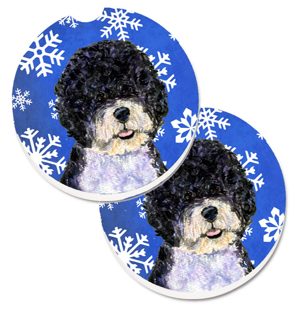 Portuguese Water Dog Winter Snowflakes Holiday Set of 2 Cup Holder Car Coasters SS4628CARC by Caroline's Treasures