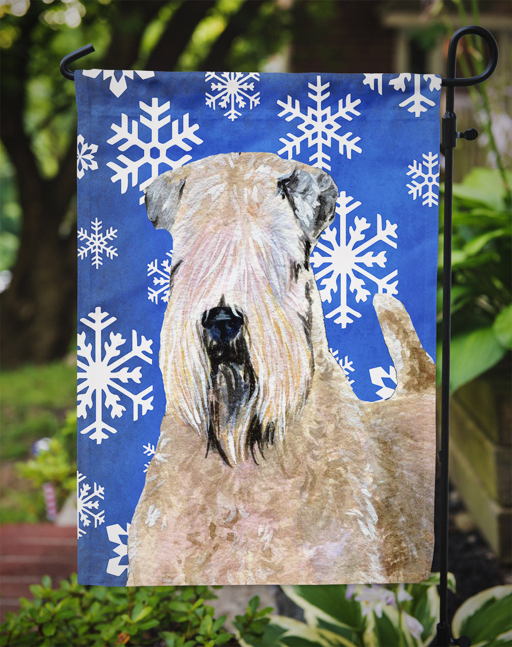 Wheaten Terrier Soft Coated Winter Snowflakes Holiday Flag Garden Size.