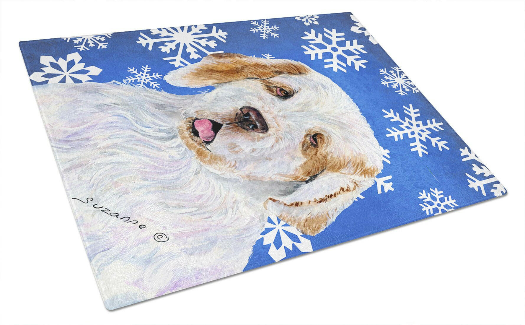 Clumber Spaniel Winter Snowflakes Holiday Glass Cutting Board Large by Caroline's Treasures