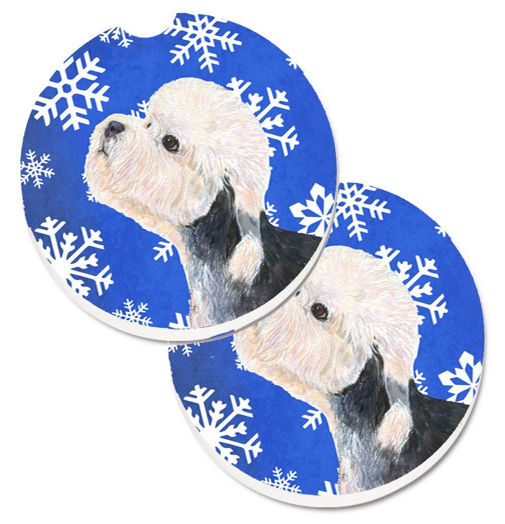 Dandie Dinmont Terrier Winter Snowflakes Holiday Set of 2 Cup Holder Car Coasters SS4641CARC by Caroline&#39;s Treasures